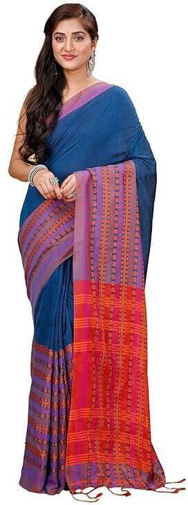     			BRYNBRIT Cotton Blend Self Design Regular Saree Without Blouse Piece ( Blue )