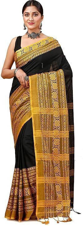 BRYNBRIT Cotton Blend Self Design Regular Saree Without Blouse Piece ( Black ) BRYNBRIT Cotton Blend Self Design Regular Saree Without Blouse Piece ( Black )