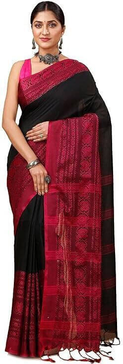     			BRYNBRIT Cotton Blend Self Design Regular Saree Without Blouse Piece ( Black )