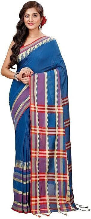     			BRYNBRIT Cotton Blend Self Design Regular Saree Without Blouse Piece ( Blue )