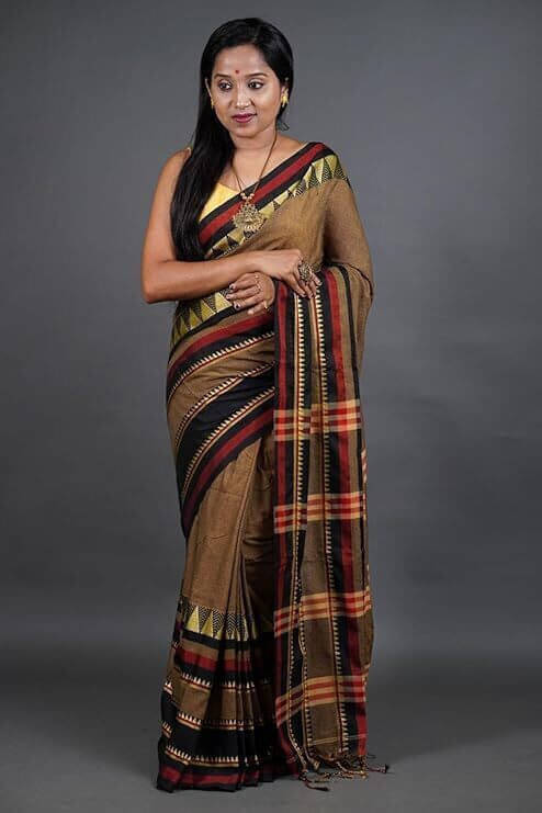     			BRYNBRIT Cotton Blend Self Design Regular Saree Without Blouse Piece ( Coffee )