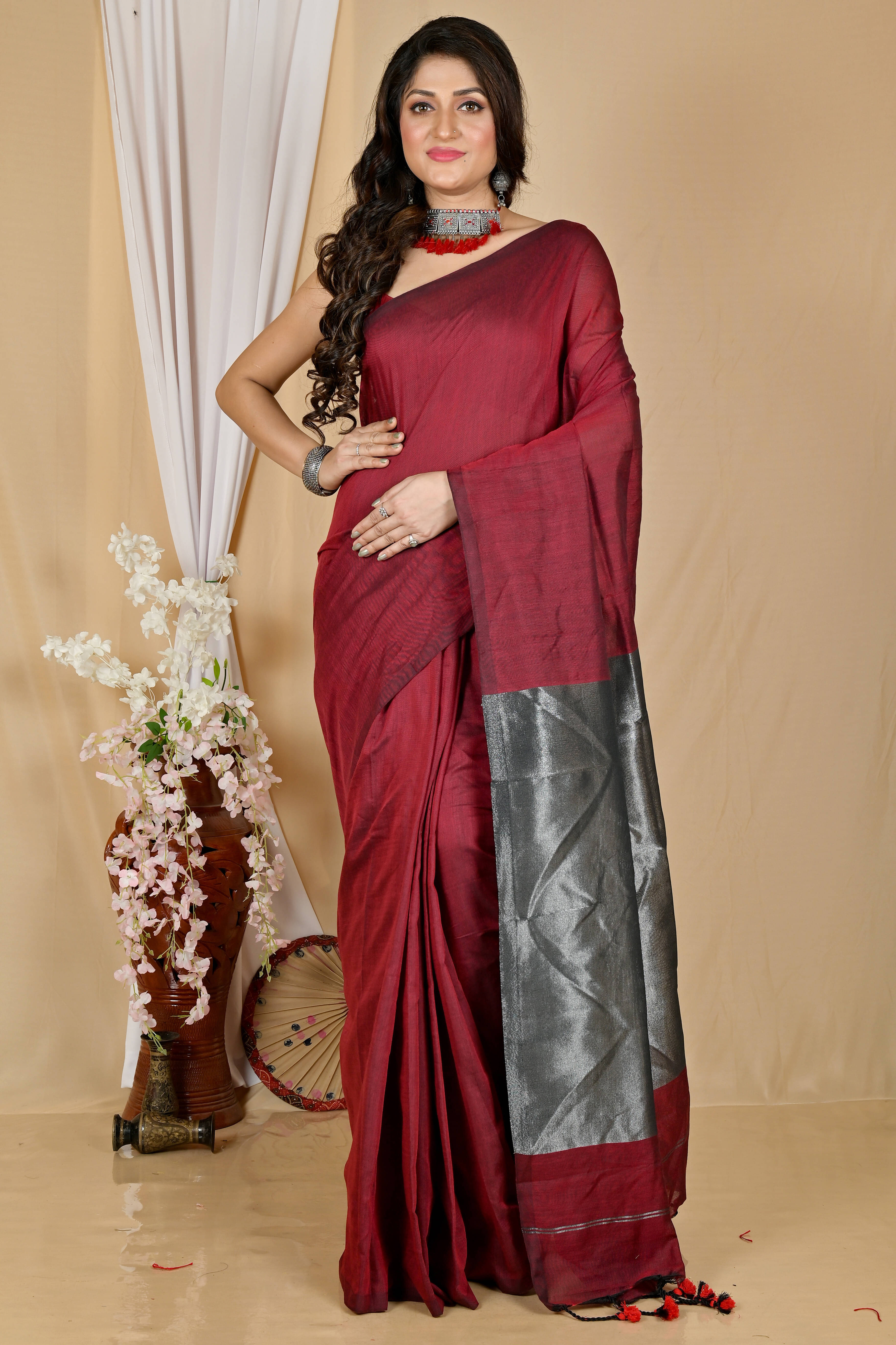    			BRYNBRIT Cotton Blend Self Design Regular Saree Without Blouse Piece ( Red )