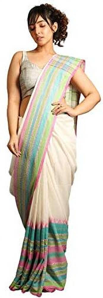     			BRYNBRIT Cotton Blend Striped Regular Saree Without Blouse Piece ( White )