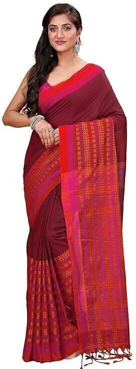     			BRYNBRIT Cotton Blend Striped Regular Saree Without Blouse Piece ( Maroon )