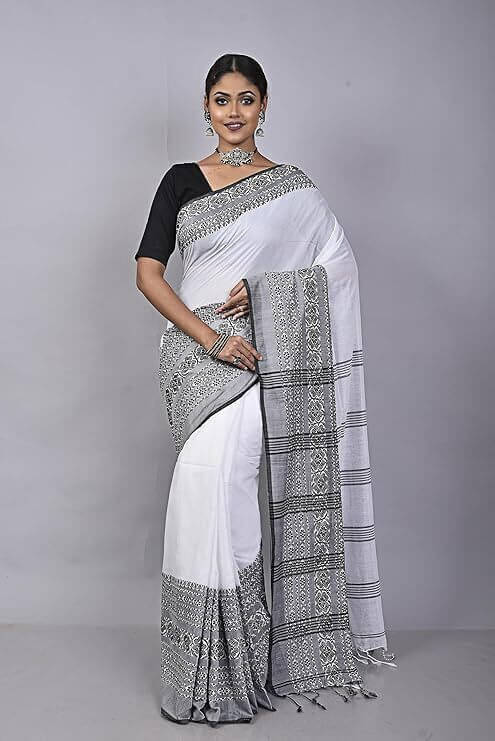 BRYNBRIT Cotton Blend Woven Regular Saree Without Blouse Piece ( White ) BRYNBRIT Cotton Blend Woven Regular Saree Without Blouse Piece ( White )