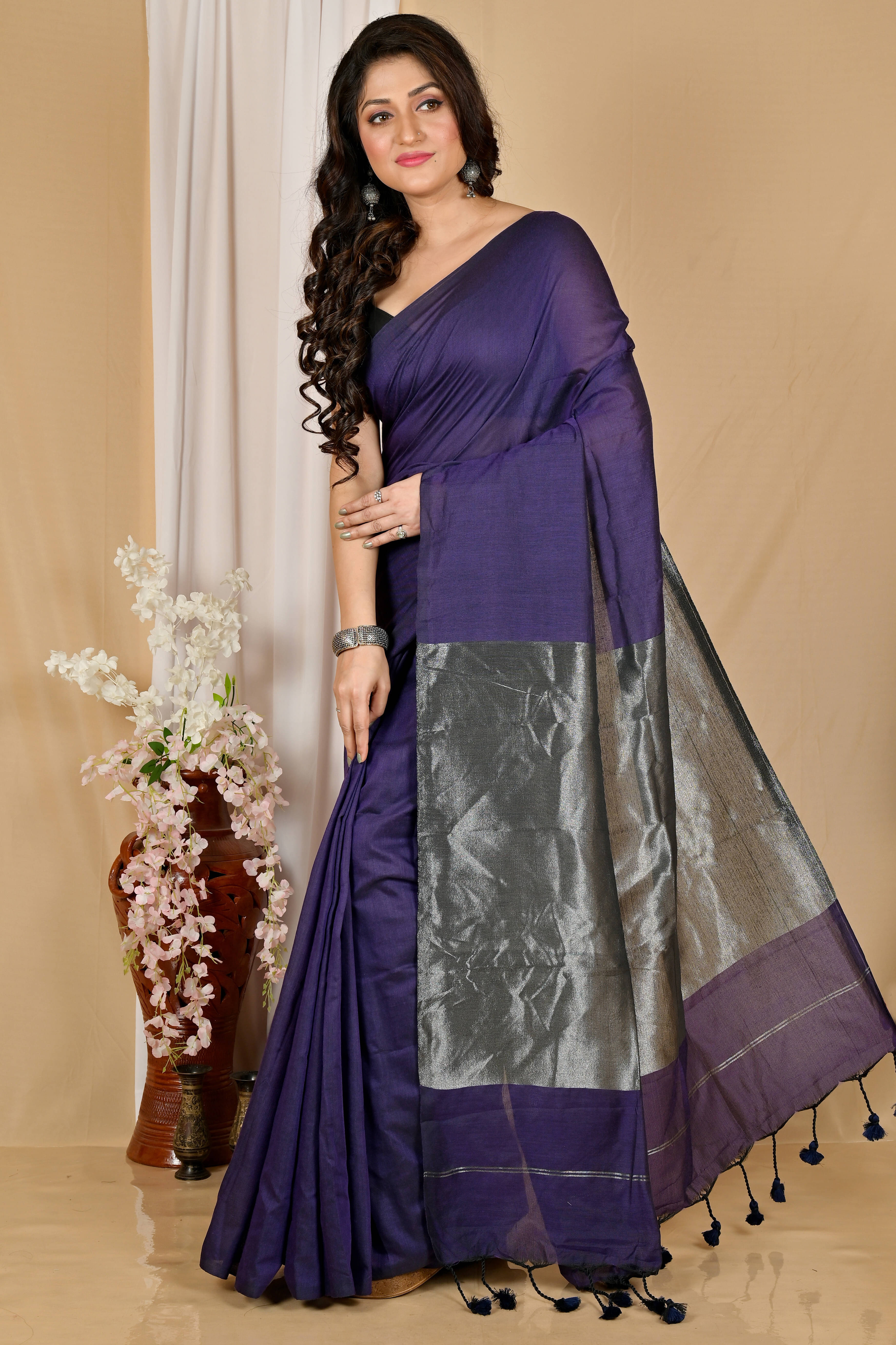 BRYNBRIT Cotton Colorblock Regular Saree With Unstitched Blouse Piece ( Purple ) BRYNBRIT Cotton Colorblock Regular Saree With Unstitched Blouse Piece ( Purple )