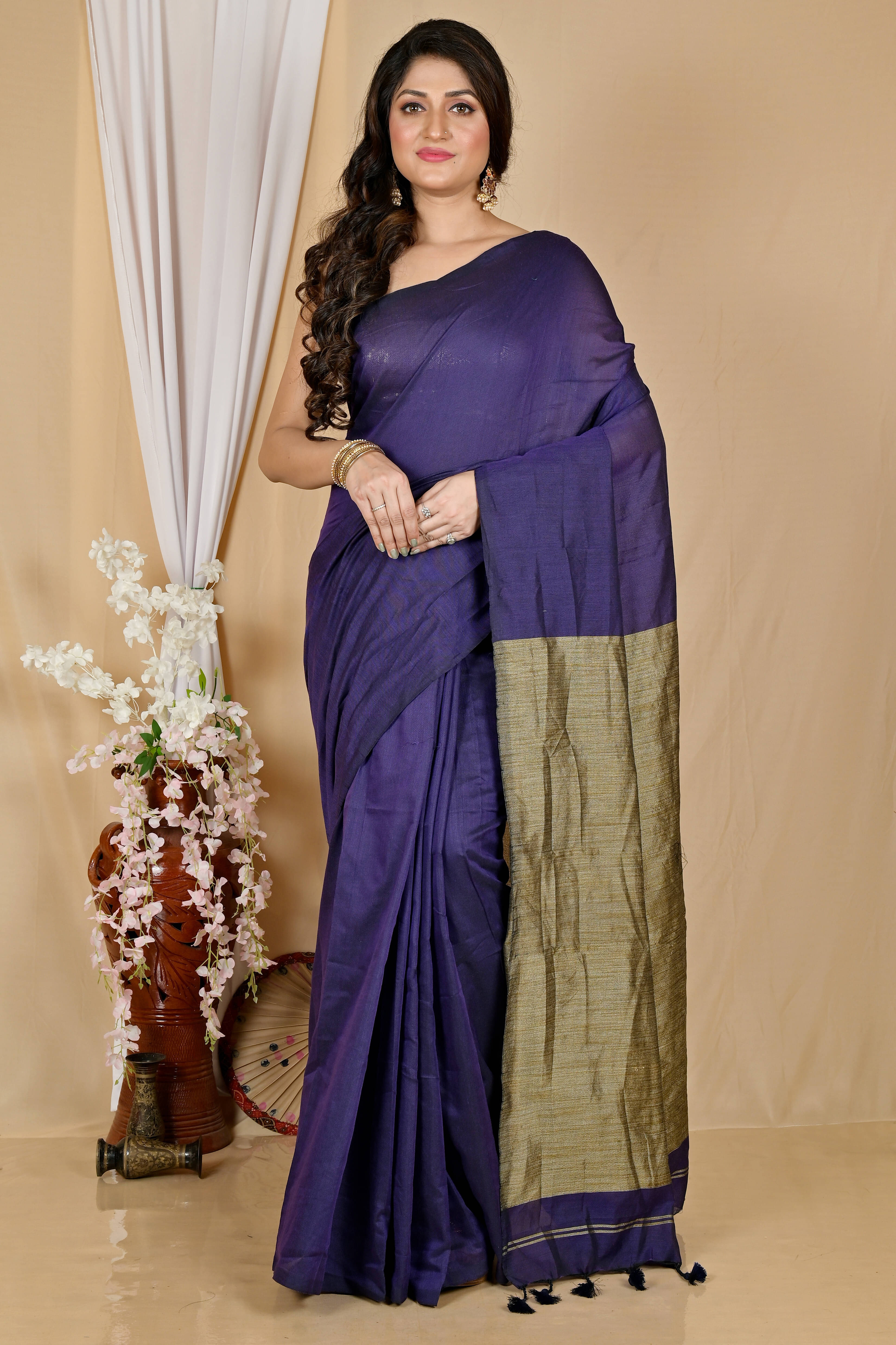     			BRYNBRIT Cotton Self Design Regular Saree With Unstitched Blouse Piece ( Purple )