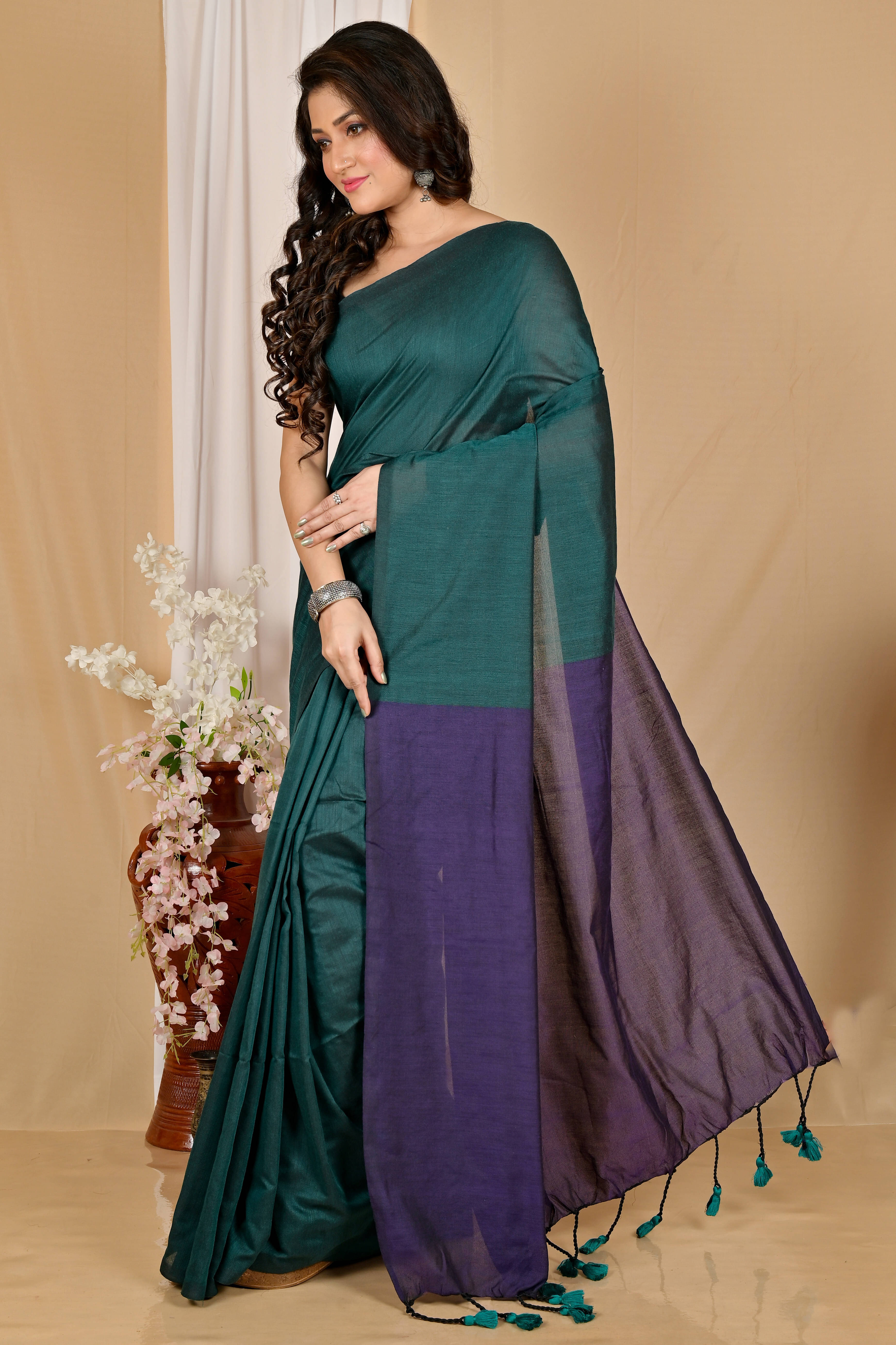     			BRYNBRIT Cotton Self Design Regular Saree With Unstitched Blouse Piece ( Purple )
