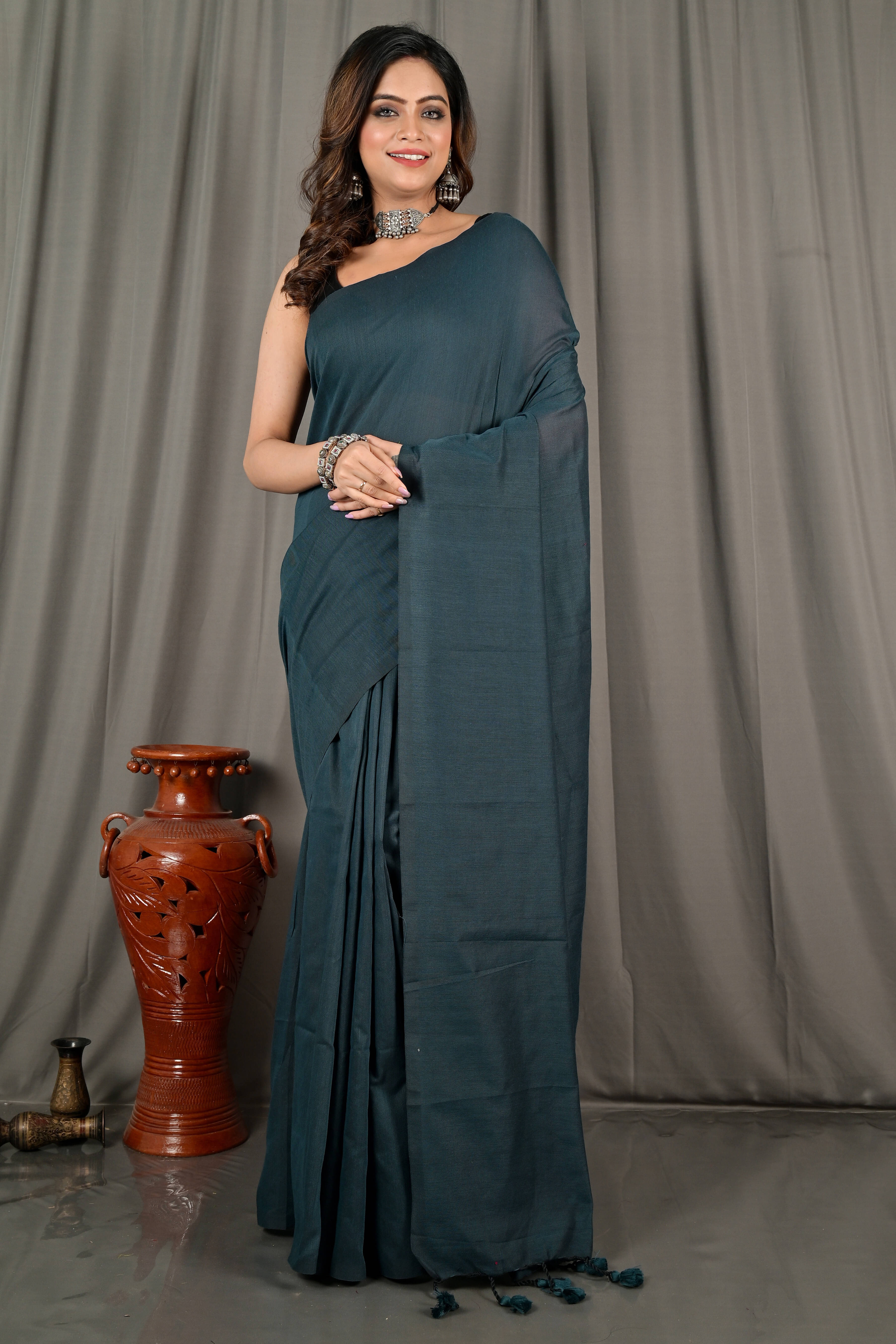     			BRYNBRIT Cotton Self Design Regular Saree With Unstitched Blouse Piece ( Blue )