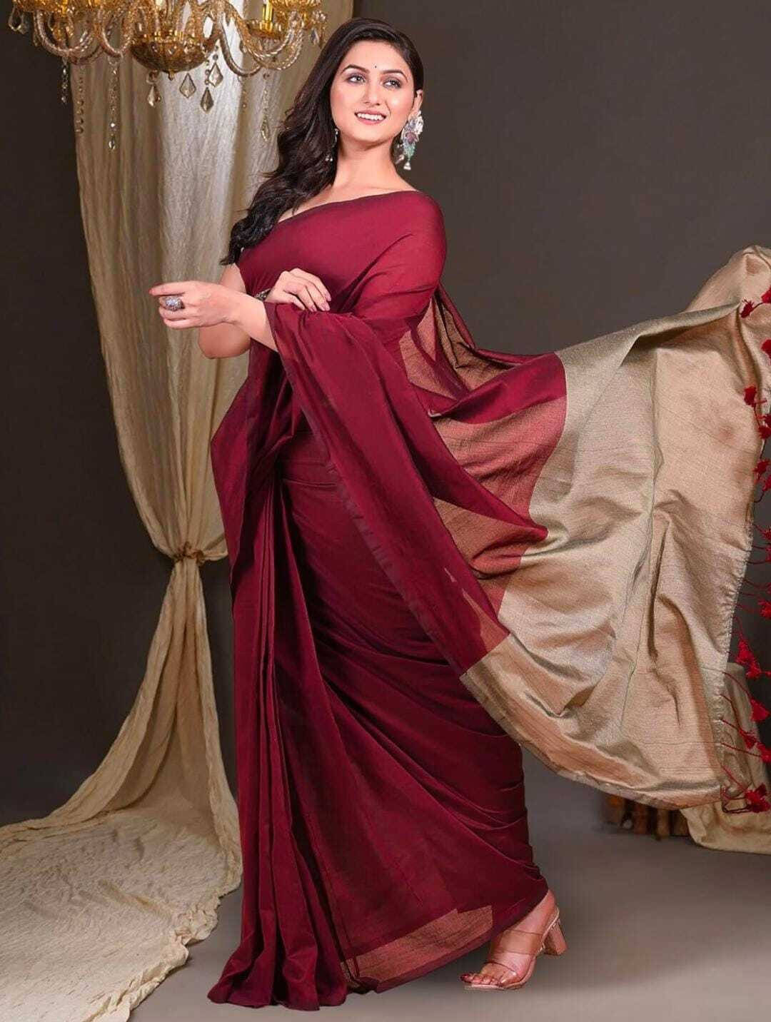     			BRYNBRIT Cotton Self Design Regular Saree With Unstitched Blouse Piece ( Maroon )
