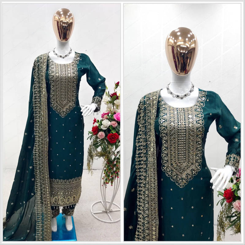 Dulhan Saree Women Chiffon Embroidered Straight Kurti With Pants ( Teal ) Dulhan Saree Women Chiffon Embroidered Straight Kurti With Pants ( Teal )