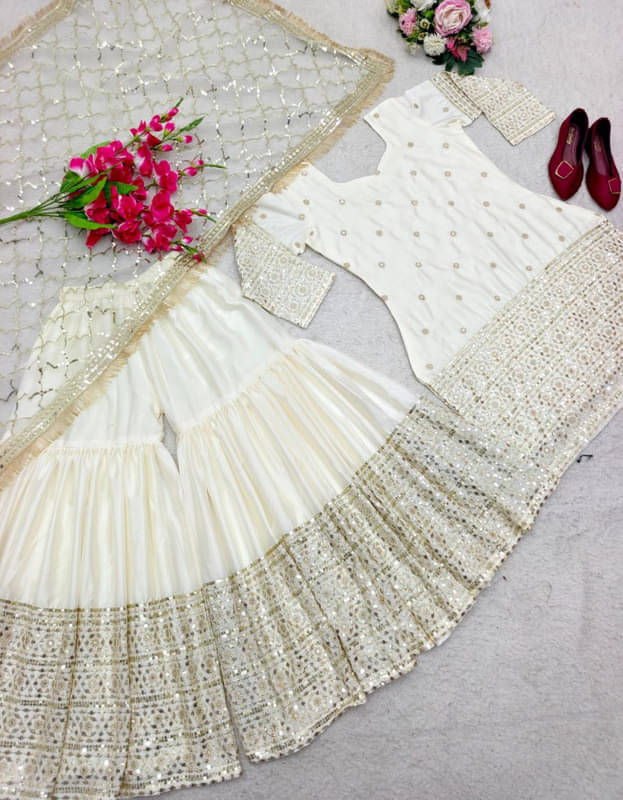     			Dulhan Saree Women Satin Embroidered Straight Kurti With Sharara And Gharara ( White )