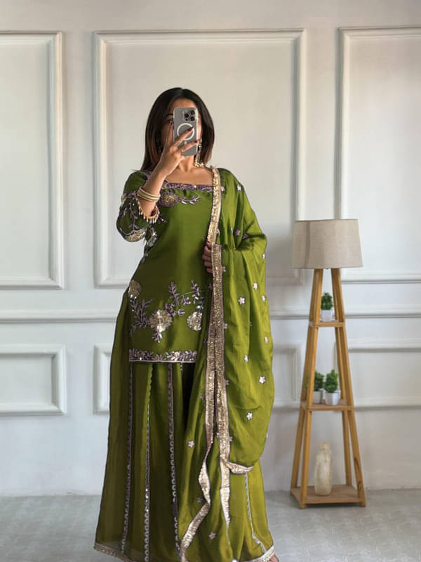 Dulhan Saree Women Silk Embroidered Straight Kurti With Sharara And Gharara ( Green ) Dulhan Saree Women Silk Embroidered Straight Kurti With Sharara And Gharara ( Green )