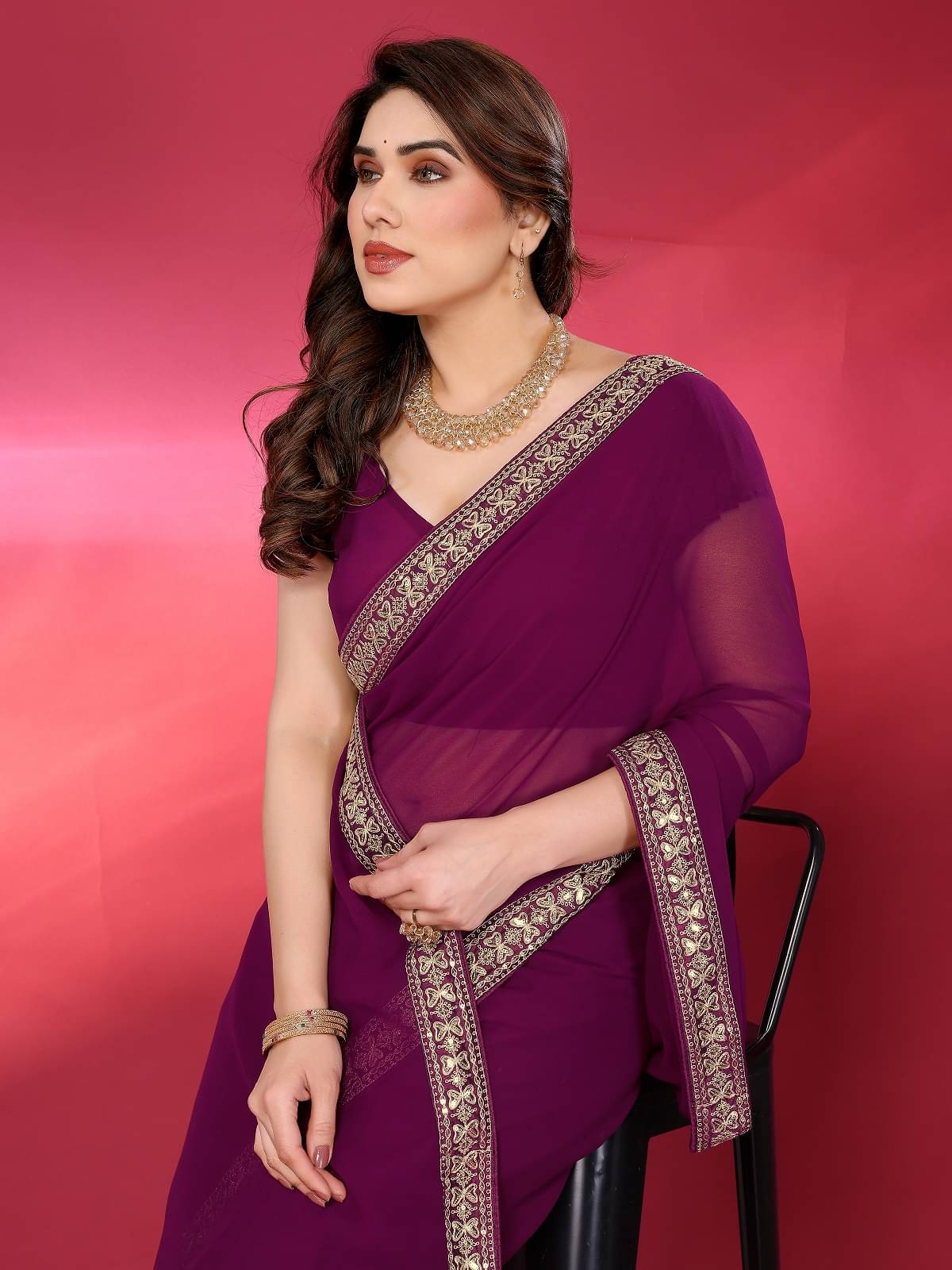     			Gazal Fashions Georgette Embroidered Regular Saree With Unstitched Blouse Piece ( Wine )