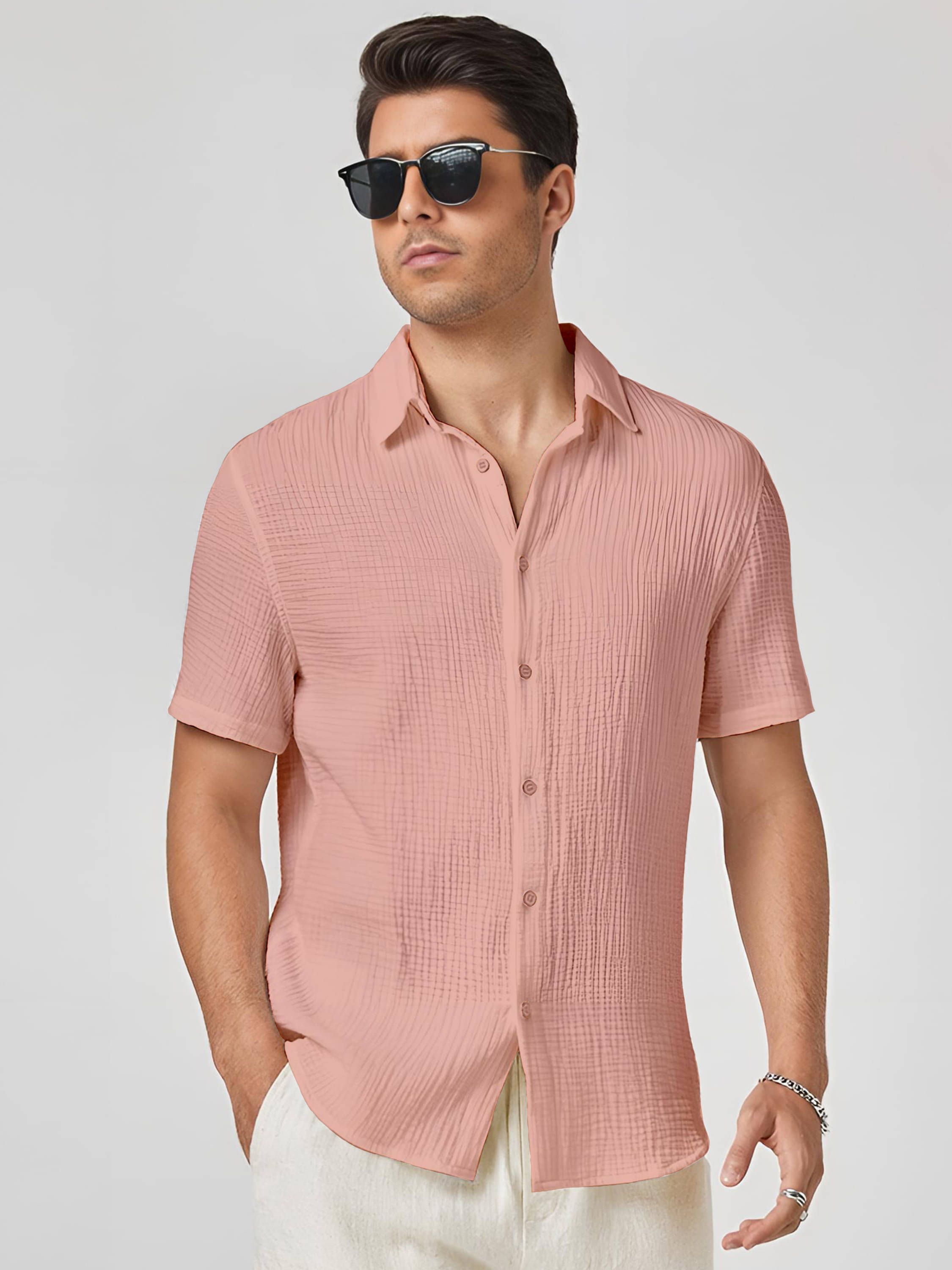 KAKIDO Polyester Regular Fit Self Design Half Sleeves Men's Casual Shirt - Peach ( Pack of 1 ) KAKIDO Polyester Regular Fit Self Design Half Sleeves Men's Casual Shirt - Peach ( Pack of 1 )