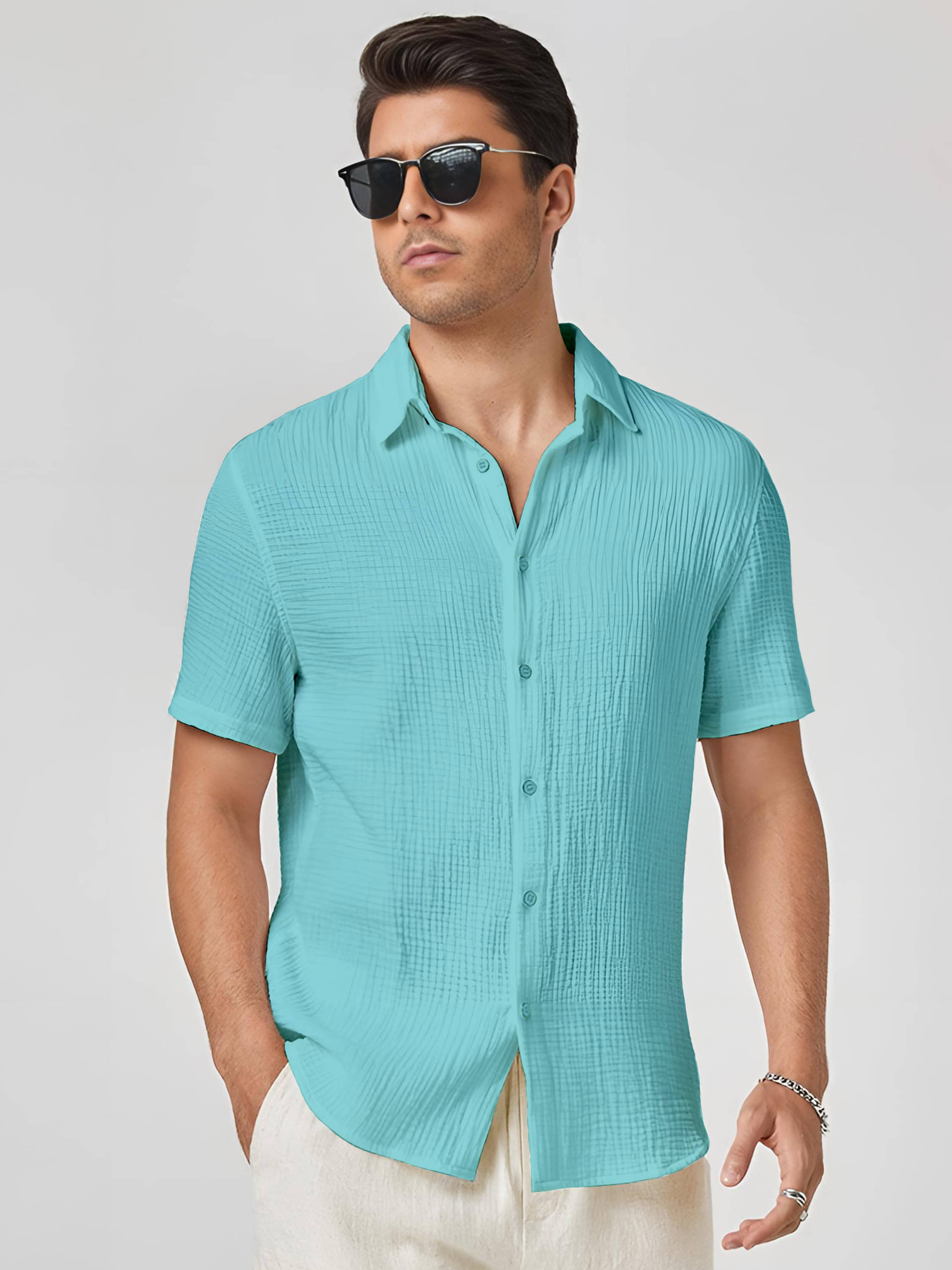     			KAKIDO Polyester Regular Fit Self Design Half Sleeves Men's Casual Shirt - Light Blue ( Pack of 1 )
