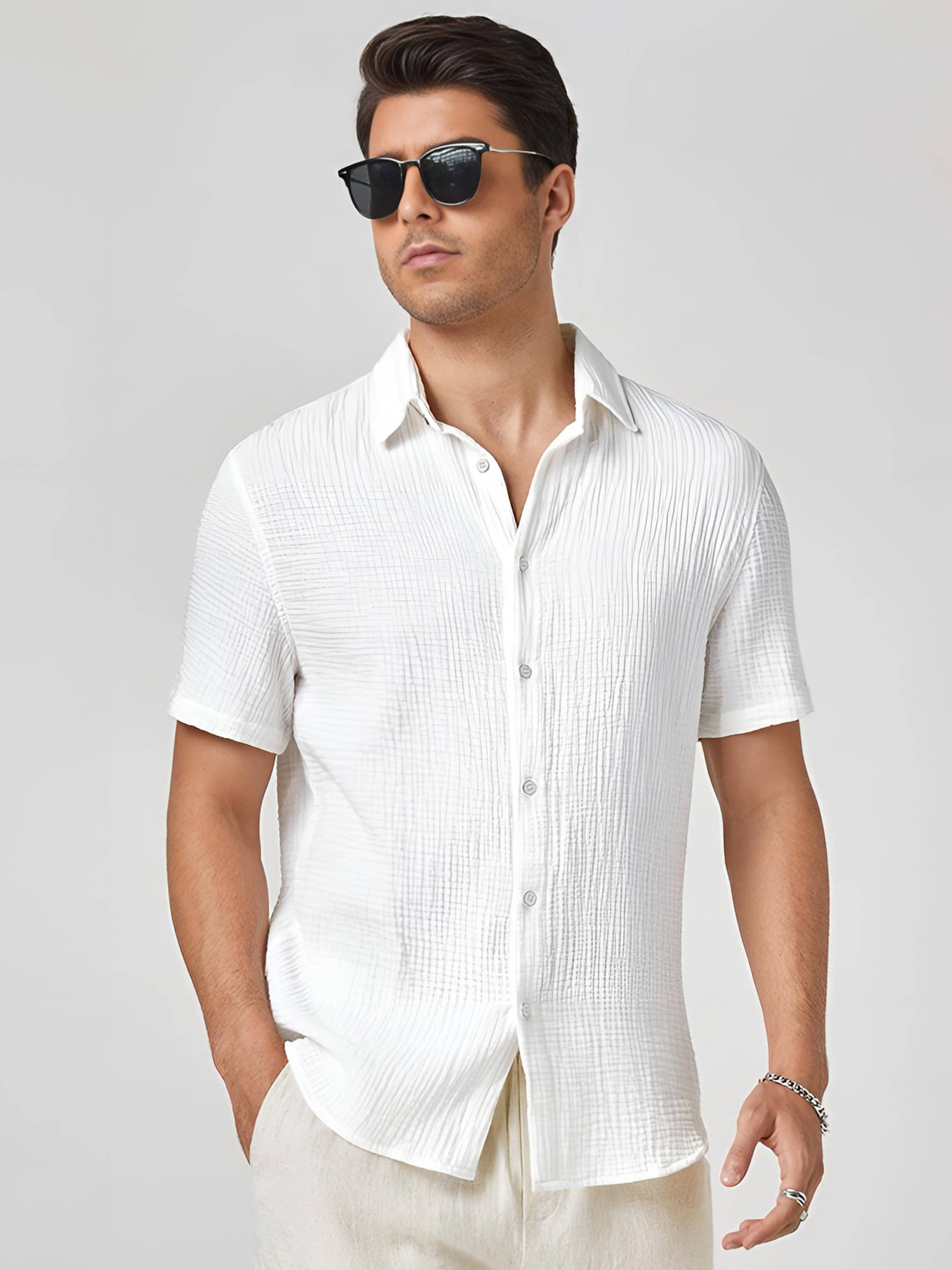     			KAKIDO Polyester Regular Fit Self Design Half Sleeves Men's Casual Shirt - White ( Pack of 1 )