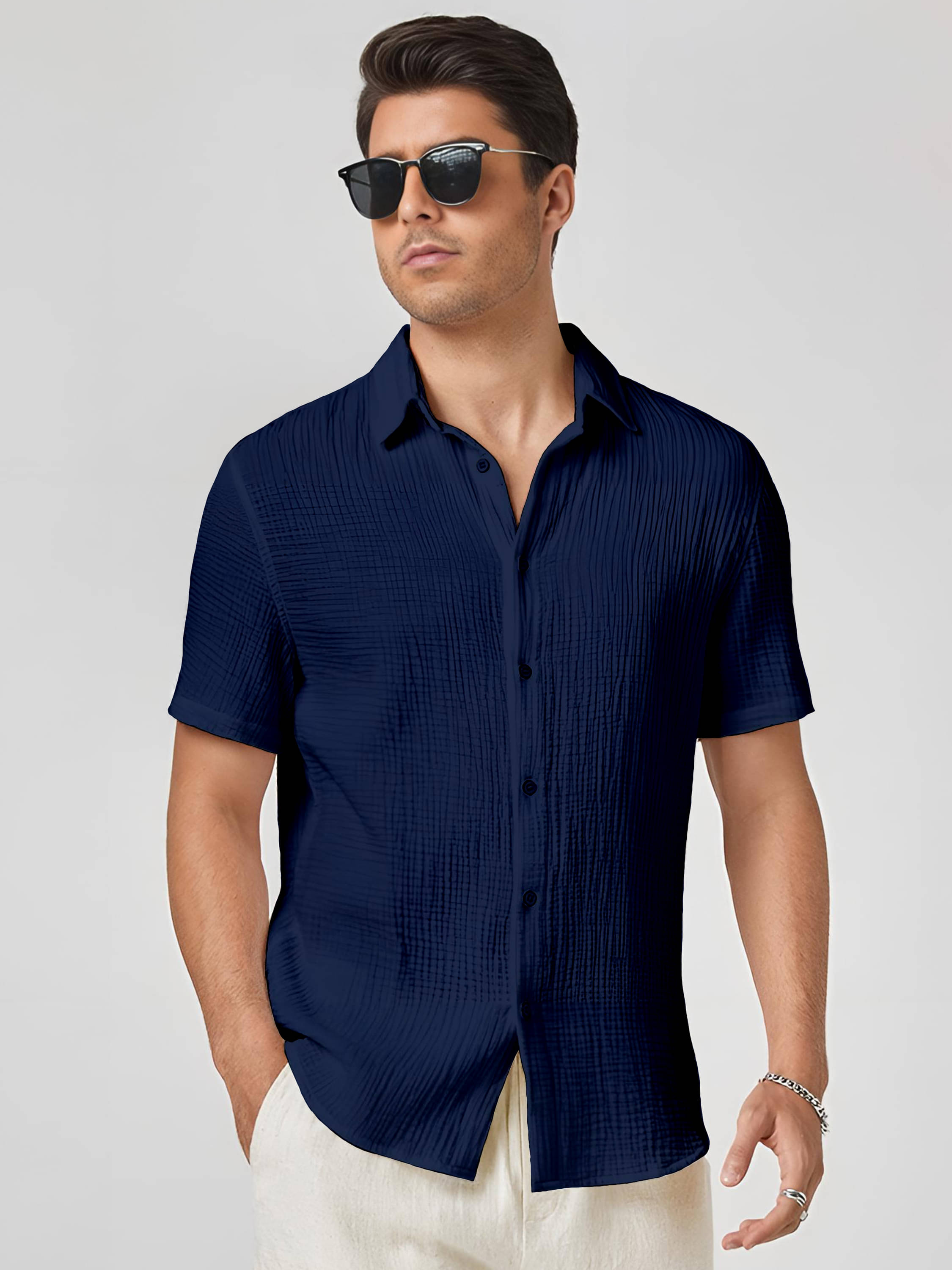    			KAKIDO Polyester Regular Fit Solids Half Sleeves Men's Casual Shirt - Navy Blue ( Pack of 1 )