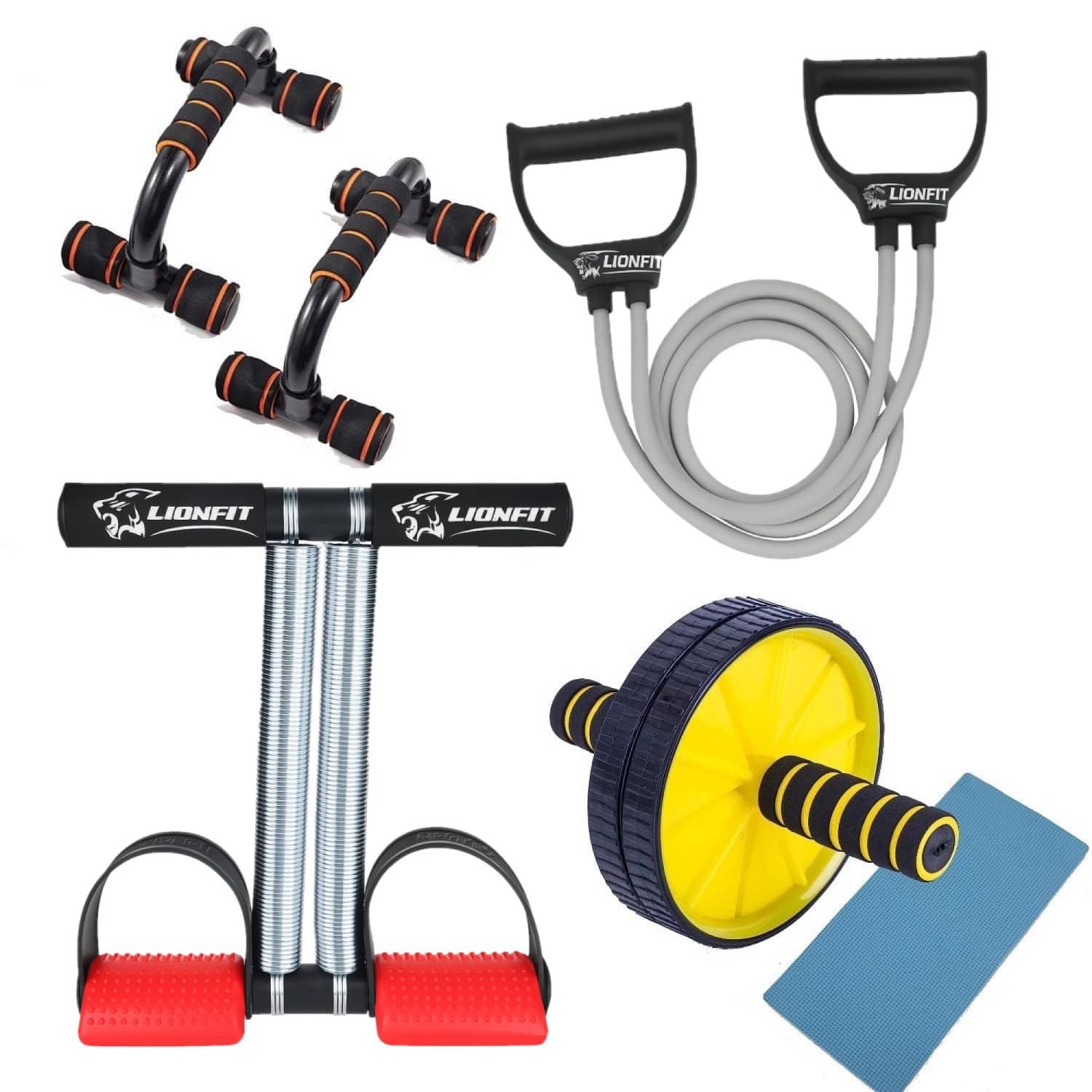 LionFit ® 4-in- Home Gym Kit Combo for Men & Women | Double Spring Tummy Trimmer, Push-Up Bars, Resistance Tube, Ab Roller with Knee Mat | Full Body Workout & Fitness Equipment - Sports and Fitness Equipment | Buy online on ZillyBuy