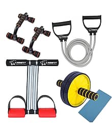LionFit ® 4-in- Home Gym Kit Combo for Men & Women | Double Spring Tummy Trimmer, Push-Up Bars, Resistance Tube, Ab Roller with Knee Mat | Full Body Workout & Fitness Equipment