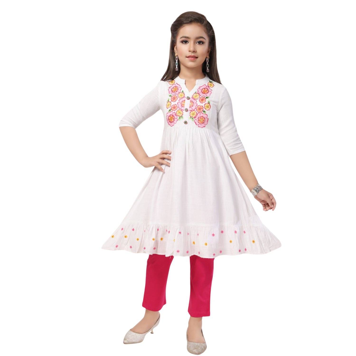     			MASTARANG Girls Rayon Kurti with Pants ( Pack of 1 , White )