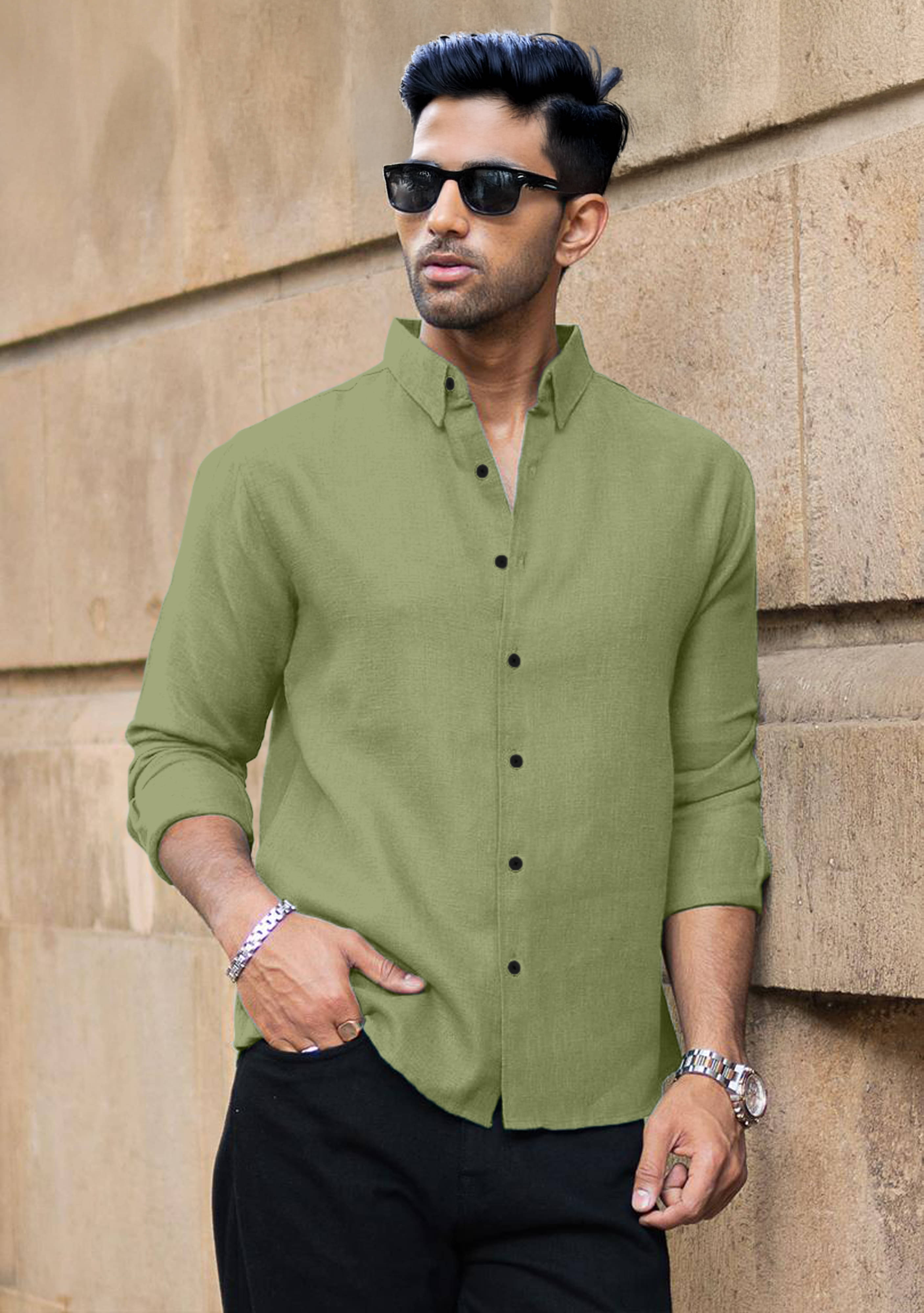     			Mameru Linen Regular Fit Solids Full Sleeves Men's Casual Shirt - Olive ( Pack of 1 )