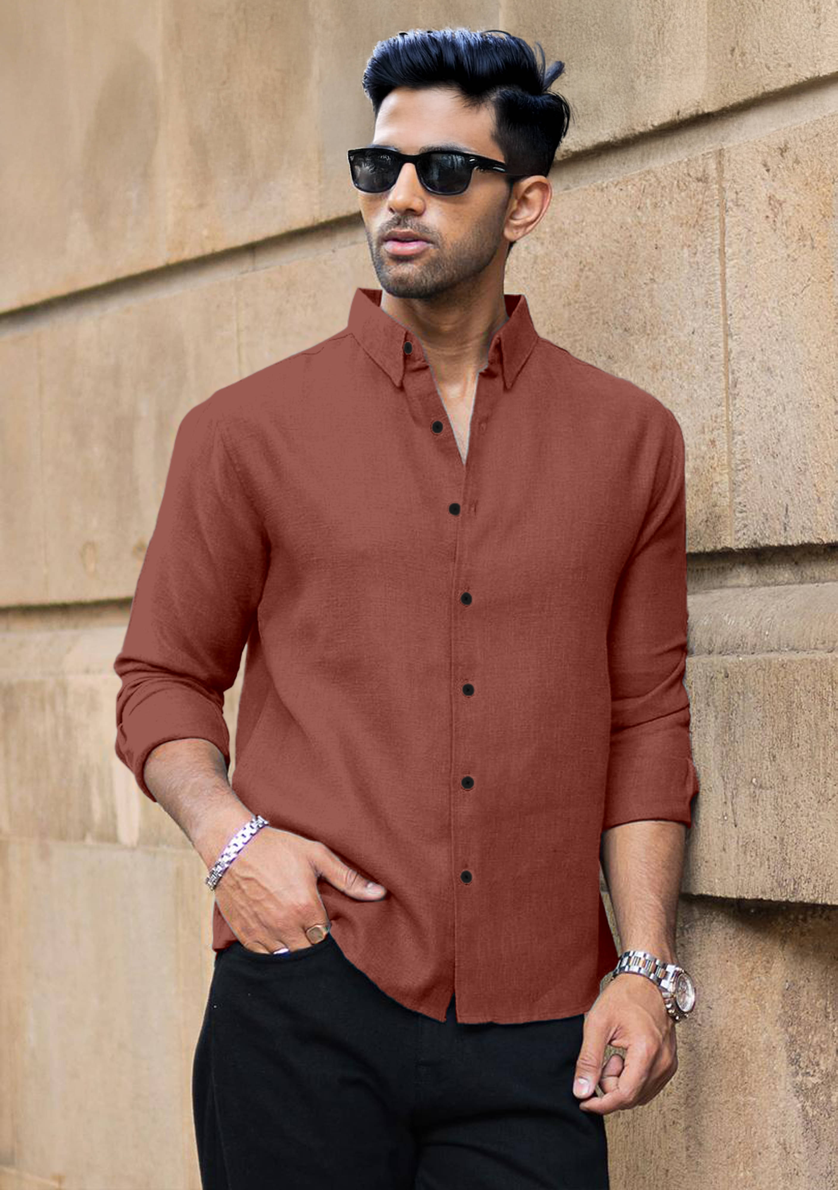     			Mameru Linen Regular Fit Solids Full Sleeves Men's Casual Shirt - Rust ( Pack of 1 )