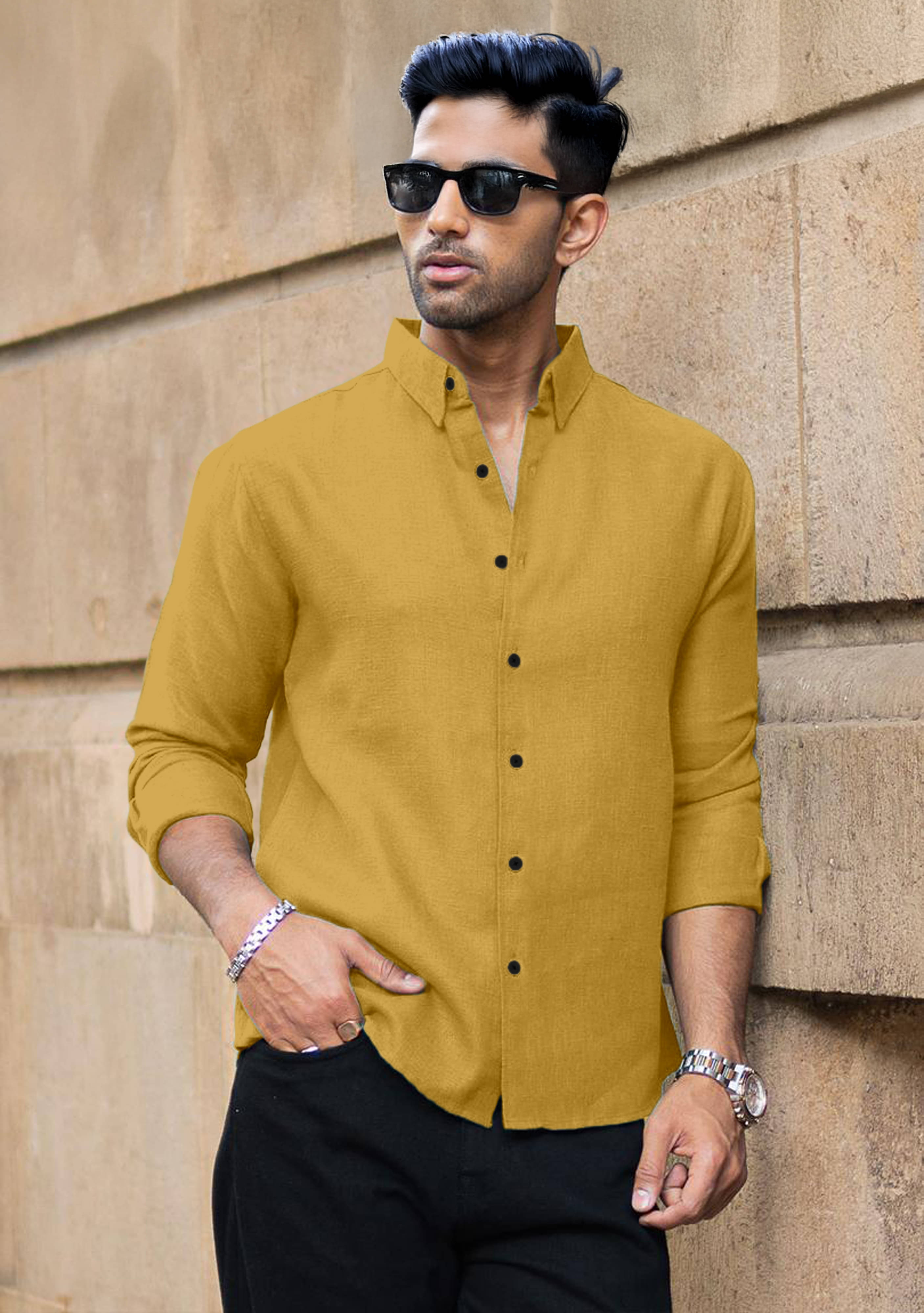     			Mameru Linen Regular Fit Solids Full Sleeves Men's Casual Shirt - Mustard ( Pack of 1 )