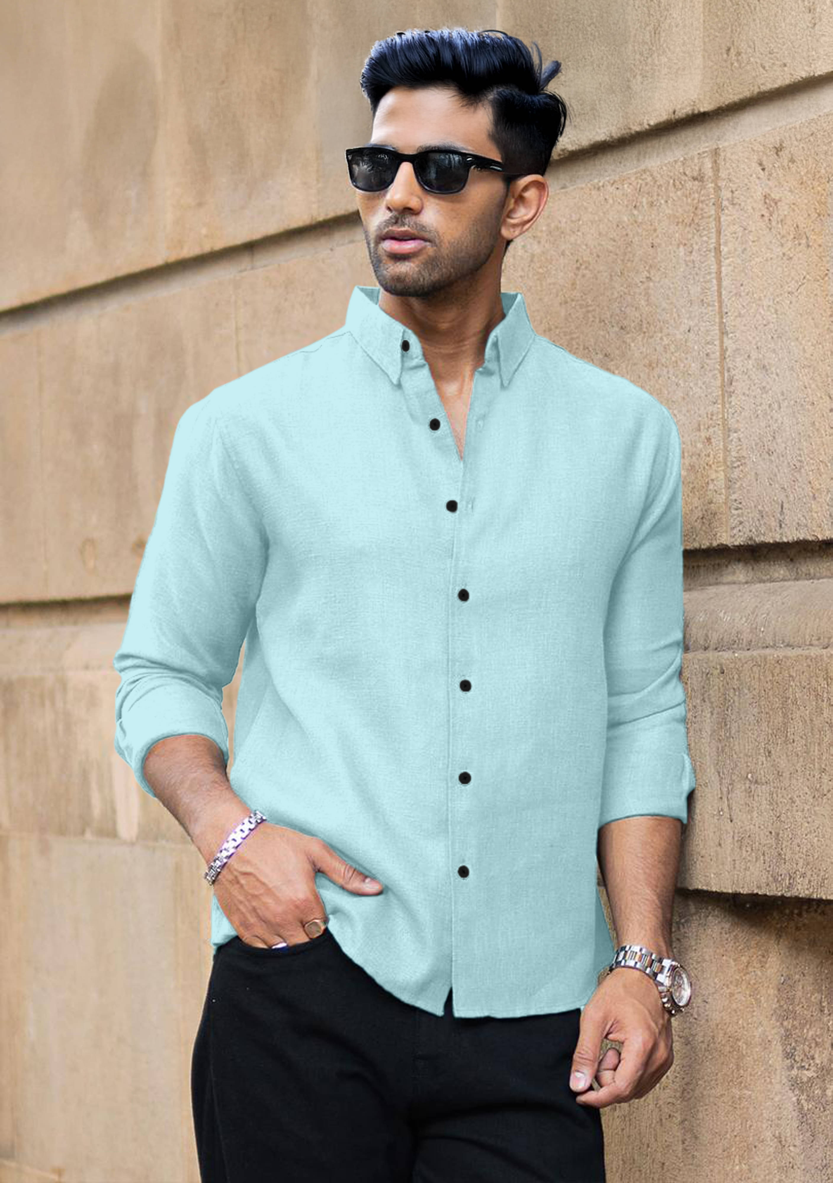     			Mameru Linen Regular Fit Solids Full Sleeves Men's Casual Shirt - Light Blue ( Pack of 1 )