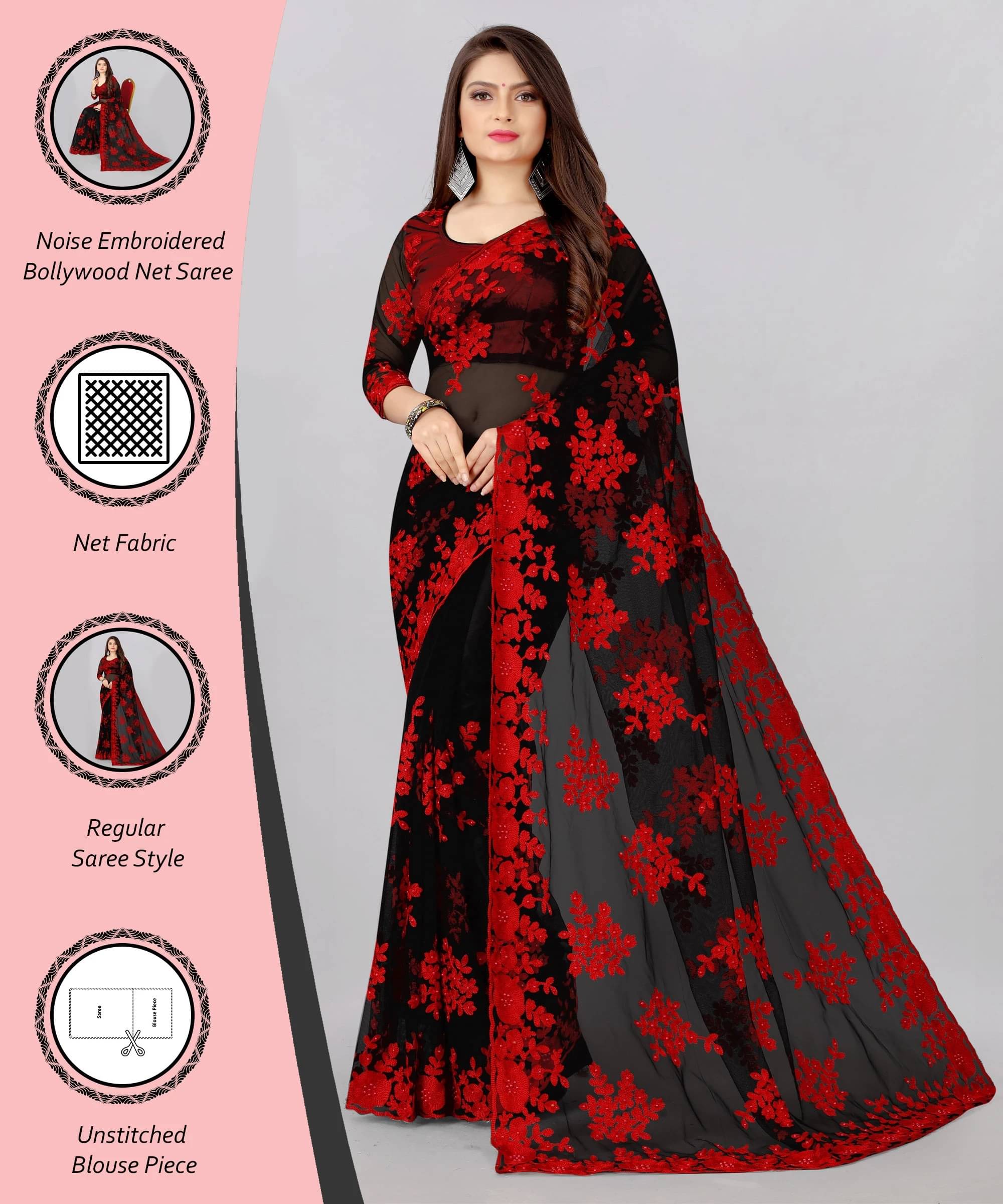 Noise Net Embroidered Regular Saree With Unstitched Blouse Piece ( Red ) Noise Net Embroidered Regular Saree With Unstitched Blouse Piece ( Red )