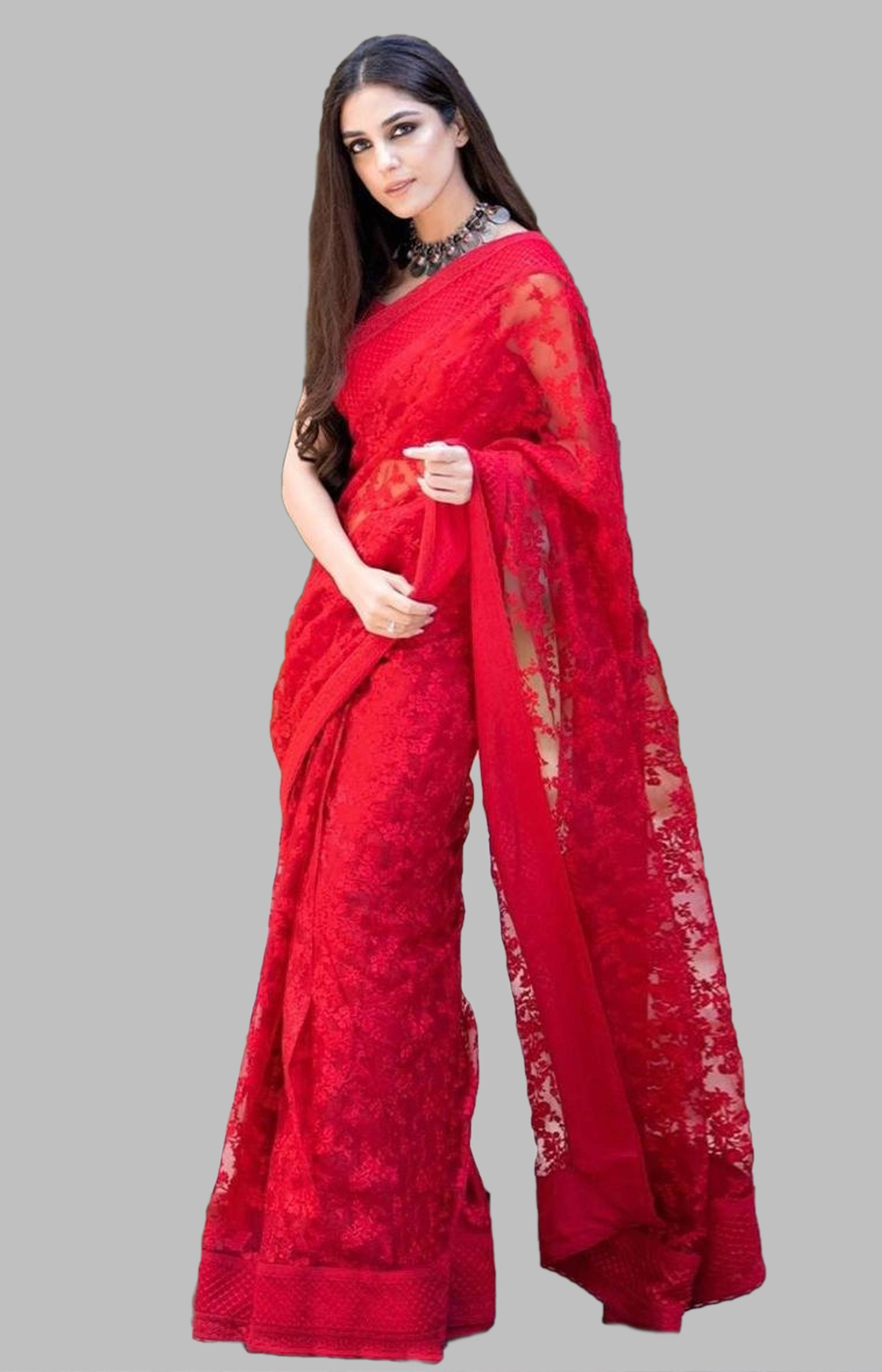 Noise Net Embroidered Regular Saree With Unstitched Blouse Piece ( Red ) Noise Net Embroidered Regular Saree With Unstitched Blouse Piece ( Red )