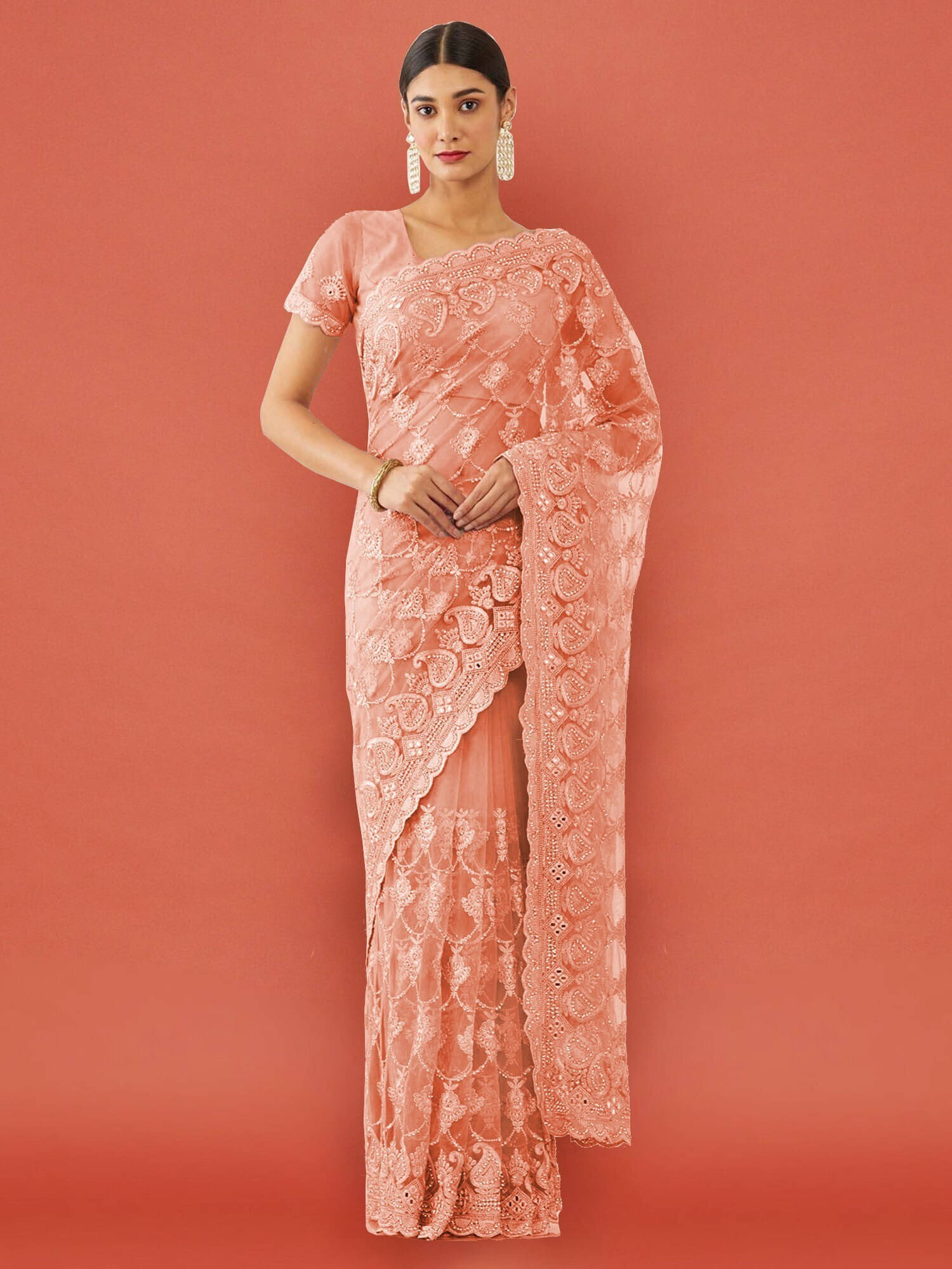 Noise Net Embroidered Regular Saree With Unstitched Blouse Piece ( Orange ) Noise Net Embroidered Regular Saree With Unstitched Blouse Piece ( Orange )