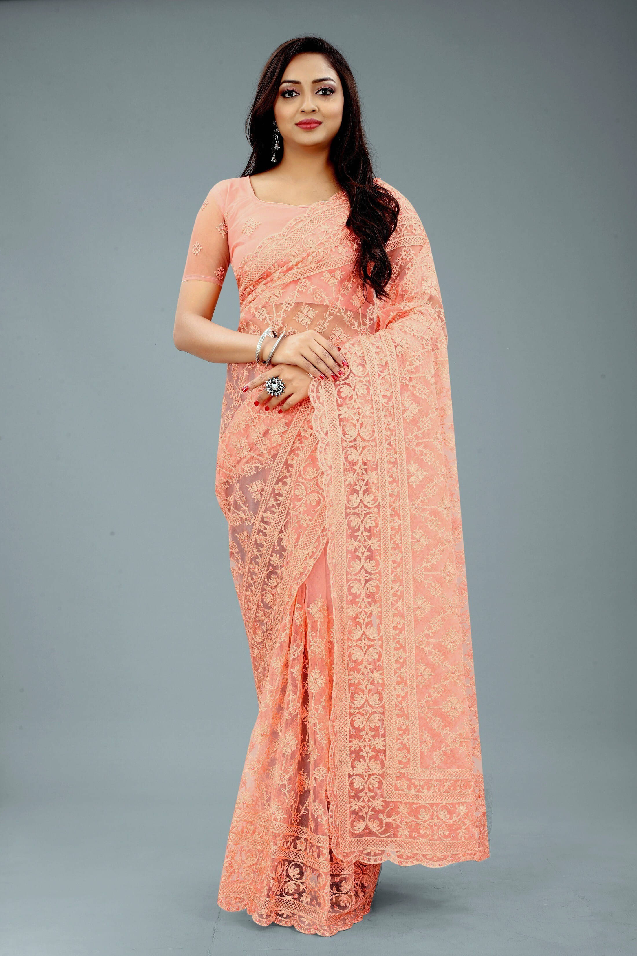 Noise Net Embroidered Regular Saree With Unstitched Blouse Piece ( Orange ) Noise Net Embroidered Regular Saree With Unstitched Blouse Piece ( Orange )