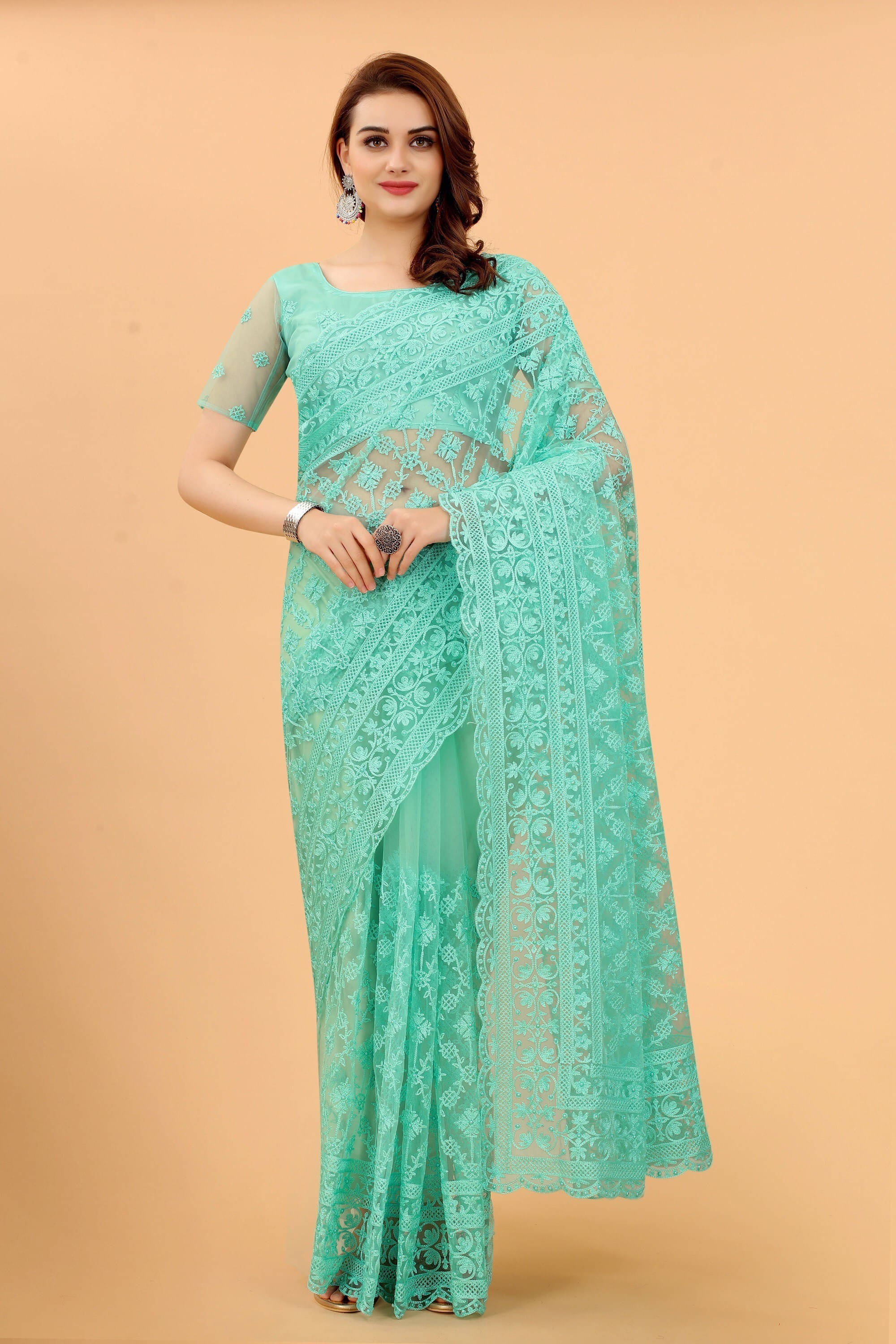     			Noise Net Embroidered Regular Saree With Unstitched Blouse Piece ( Light Blue )