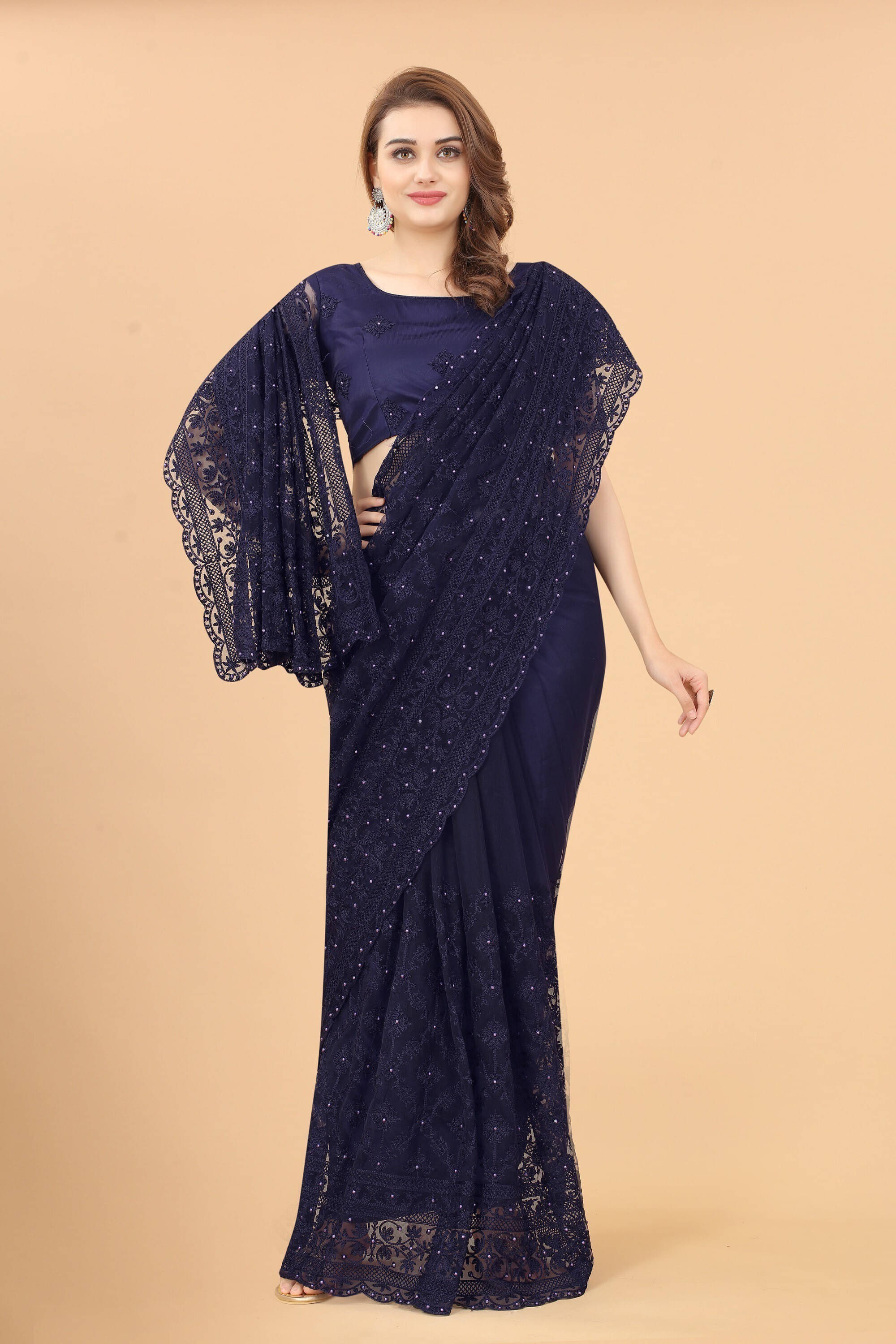     			Noise Net Embroidered Regular Saree With Unstitched Blouse Piece ( Navy Blue )