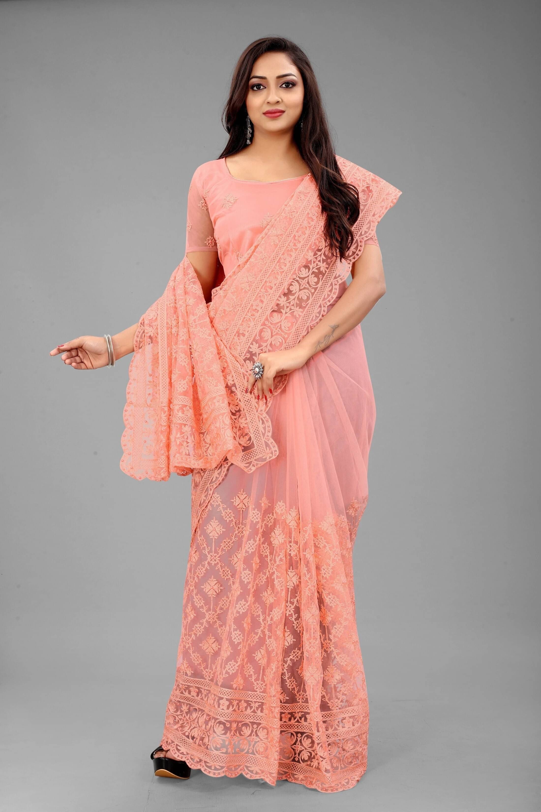     			Noise Net Embroidered Regular Saree With Unstitched Blouse Piece ( Orange )