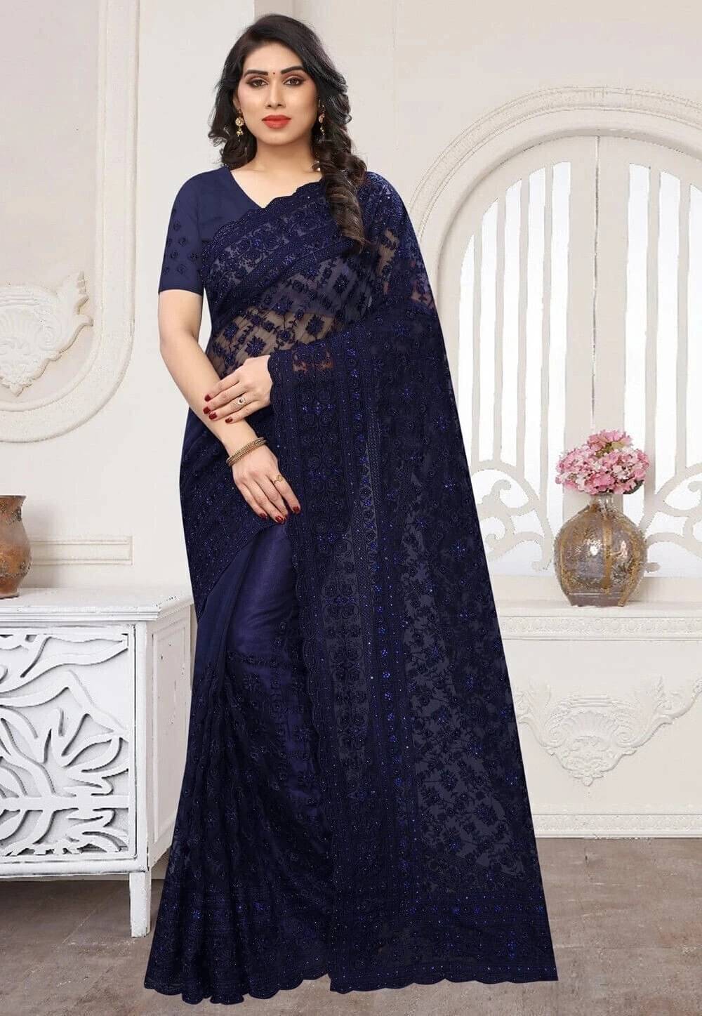     			Noise Net Embroidered Regular Saree With Unstitched Blouse Piece ( Navy Blue )