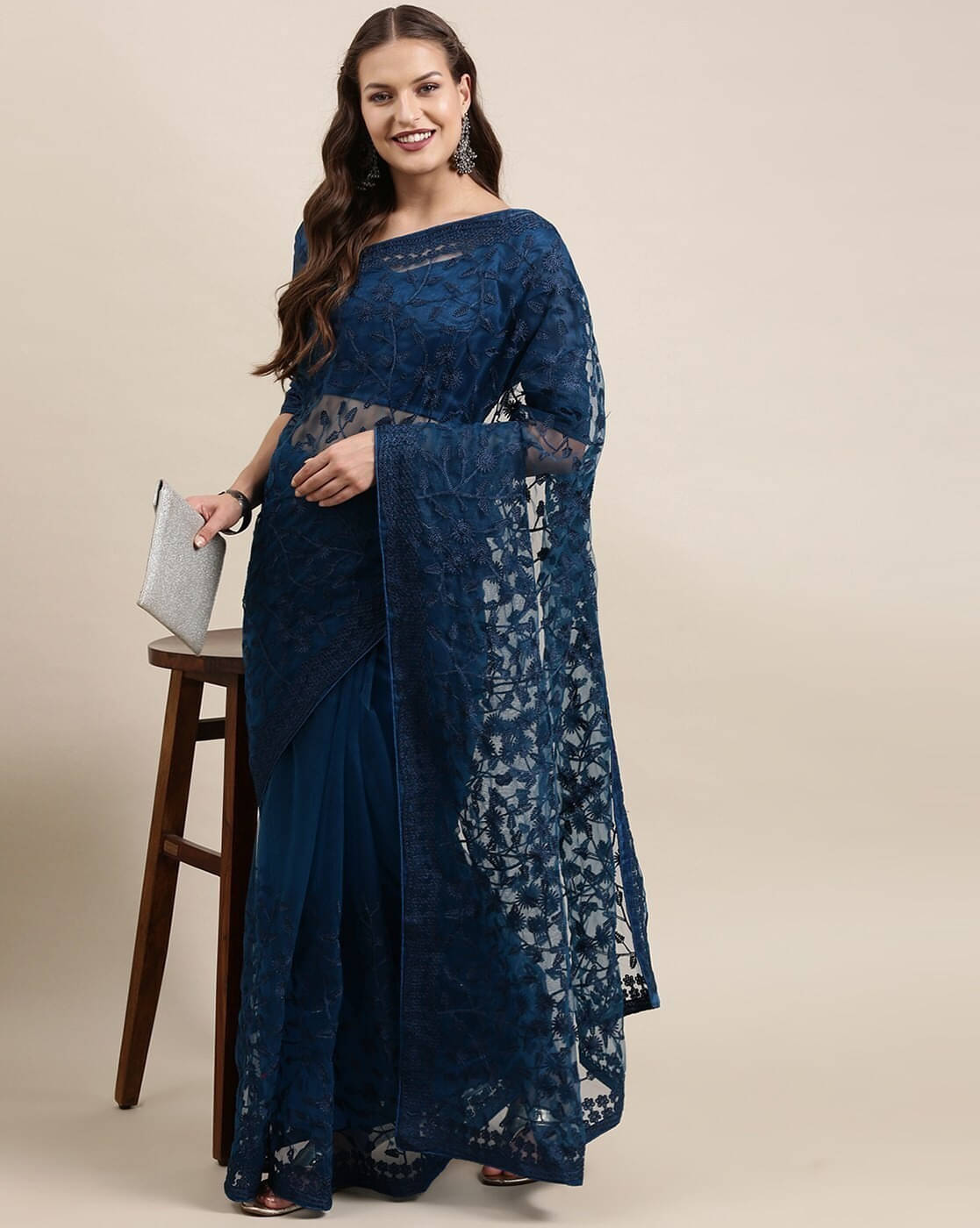 Noise Net Embroidered Regular Saree With Unstitched Blouse Piece ( Navy Blue ) Noise Net Embroidered Regular Saree With Unstitched Blouse Piece ( Navy Blue )