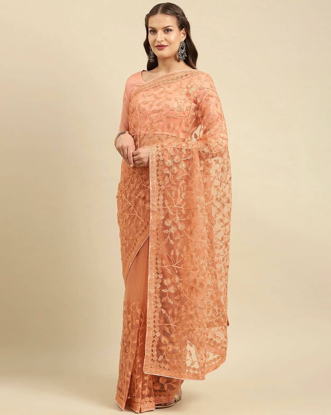     			Noise Net Embroidered Regular Saree With Unstitched Blouse Piece ( Orange )