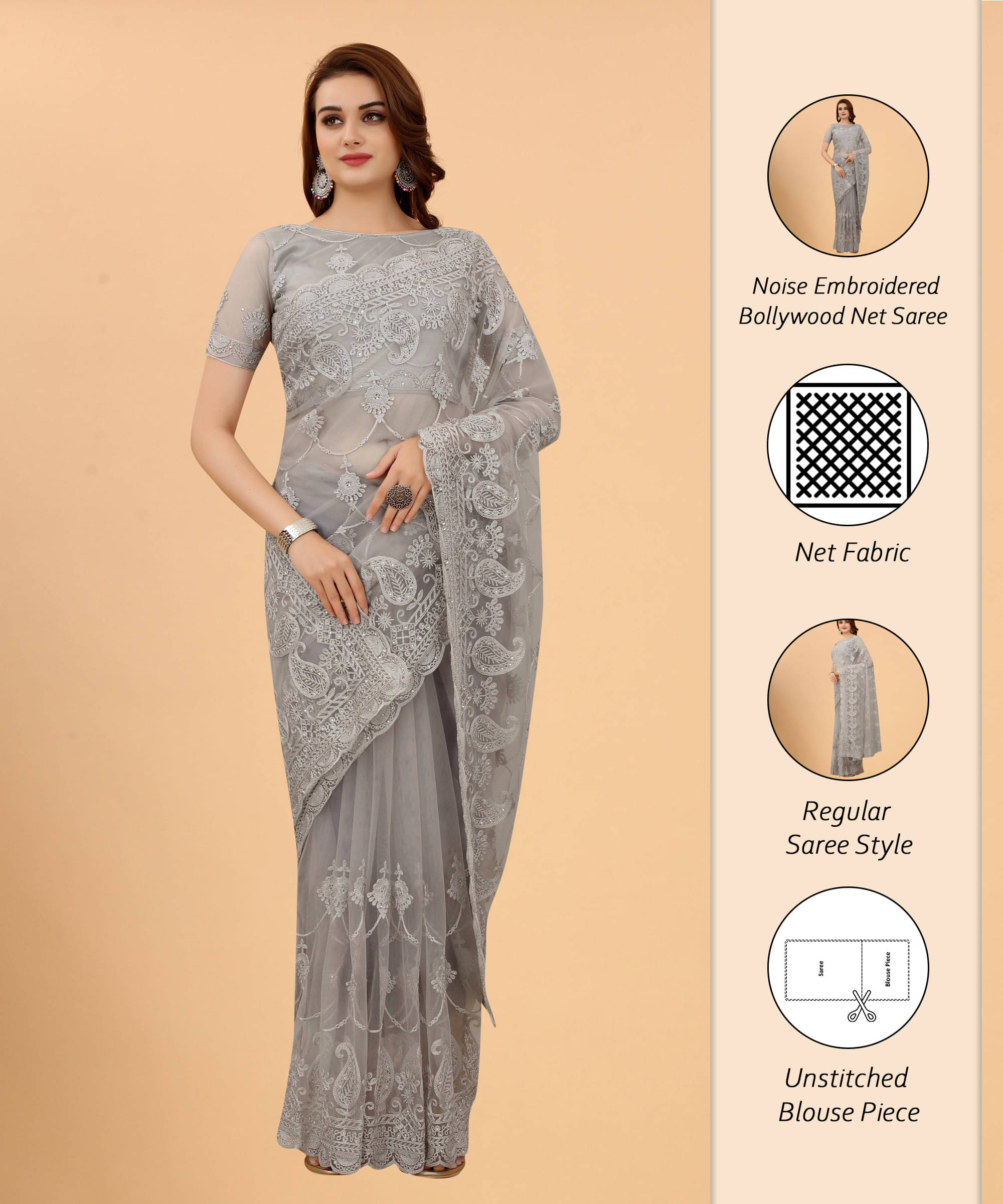 Noise Net Embroidered Regular Saree With Unstitched Blouse Piece ( Grey ) Noise Net Embroidered Regular Saree With Unstitched Blouse Piece ( Grey )