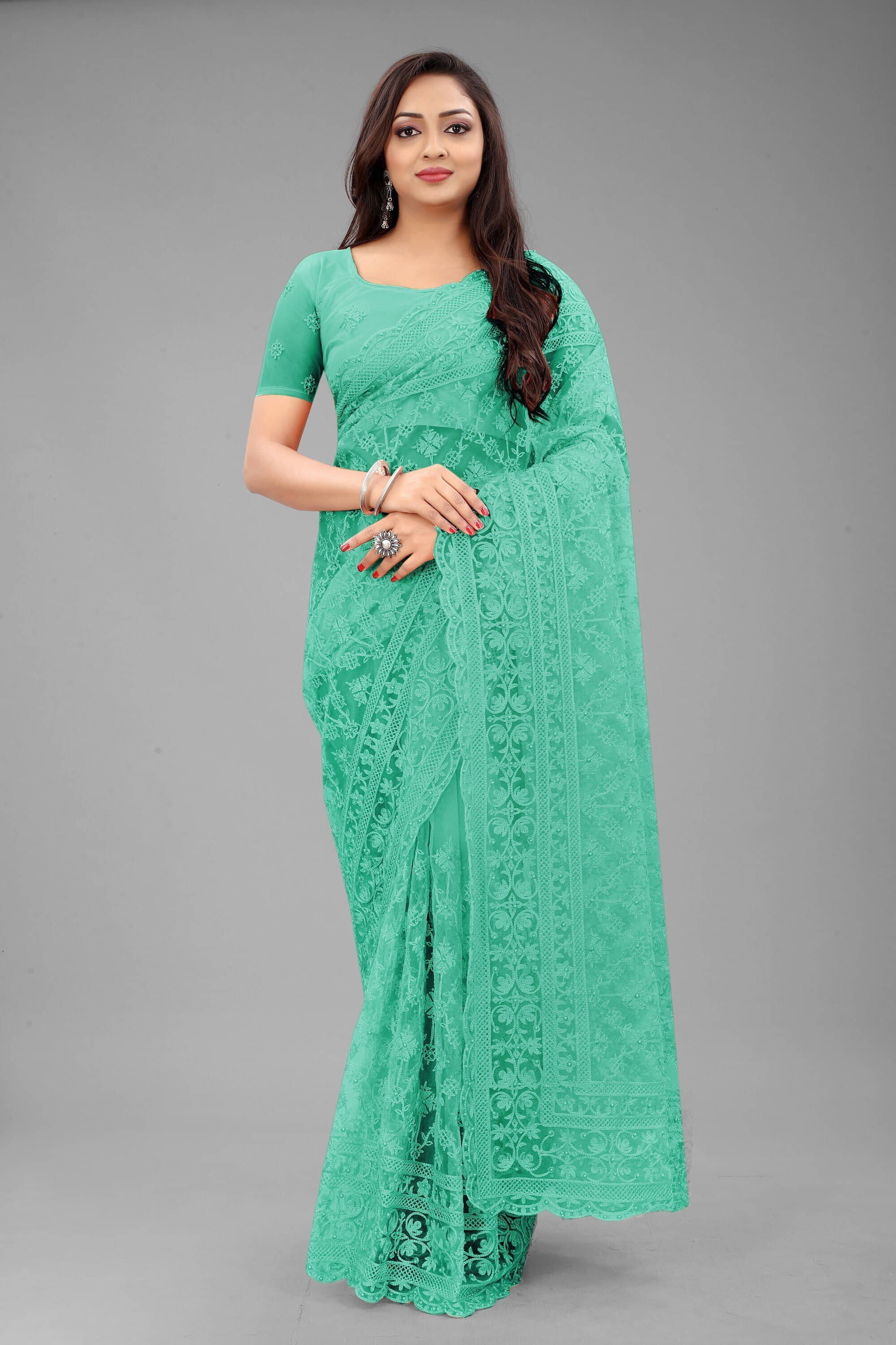     			Noise Net Embroidered Regular Saree With Unstitched Blouse Piece ( Light Green )
