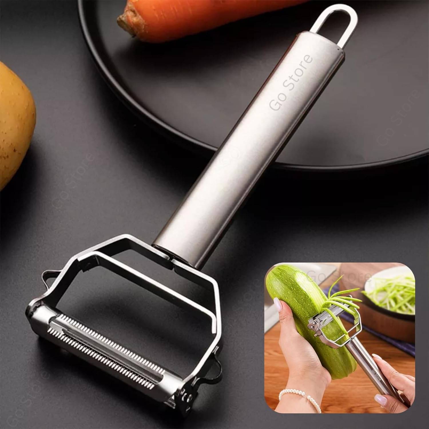     			Overalza 2-in-1 Julienne & Vegetable Peeler – Stainless Steel Multipurpose Slicer, Fruit & Veggie Cutter, Adjustable Kitchen Tool for Salad, Potato, Noodles – Medium