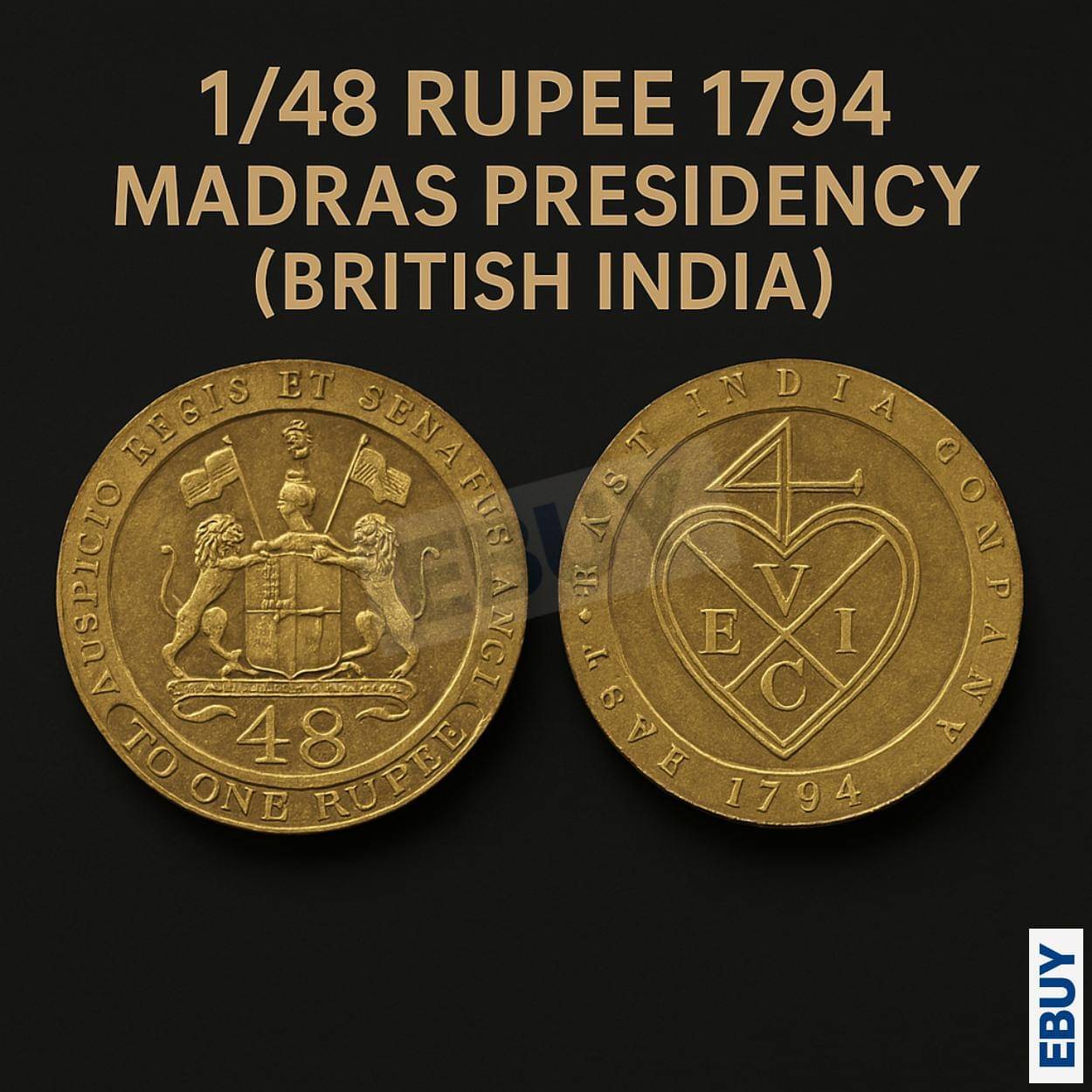 Rare 1/48 Rupee 1794 Madras Presidency, British India old Gold-Plated fancy Coin     			Rare 1/48 Rupee 1794 Madras Presidency, British India old Gold-Plated fancy Coin