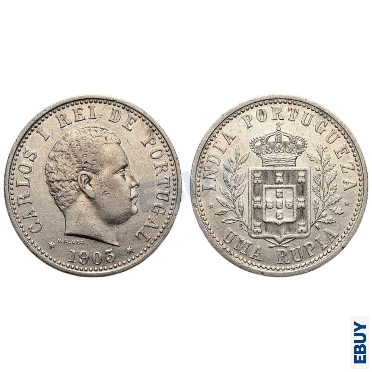     			Rare 1 Rupia 1903 Charles I, Portuguese India old fancy Coin