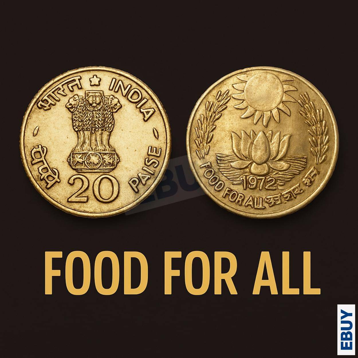     			Rare 20 Paise 1972 Sun Lotus, India old fancy Brass Coin
