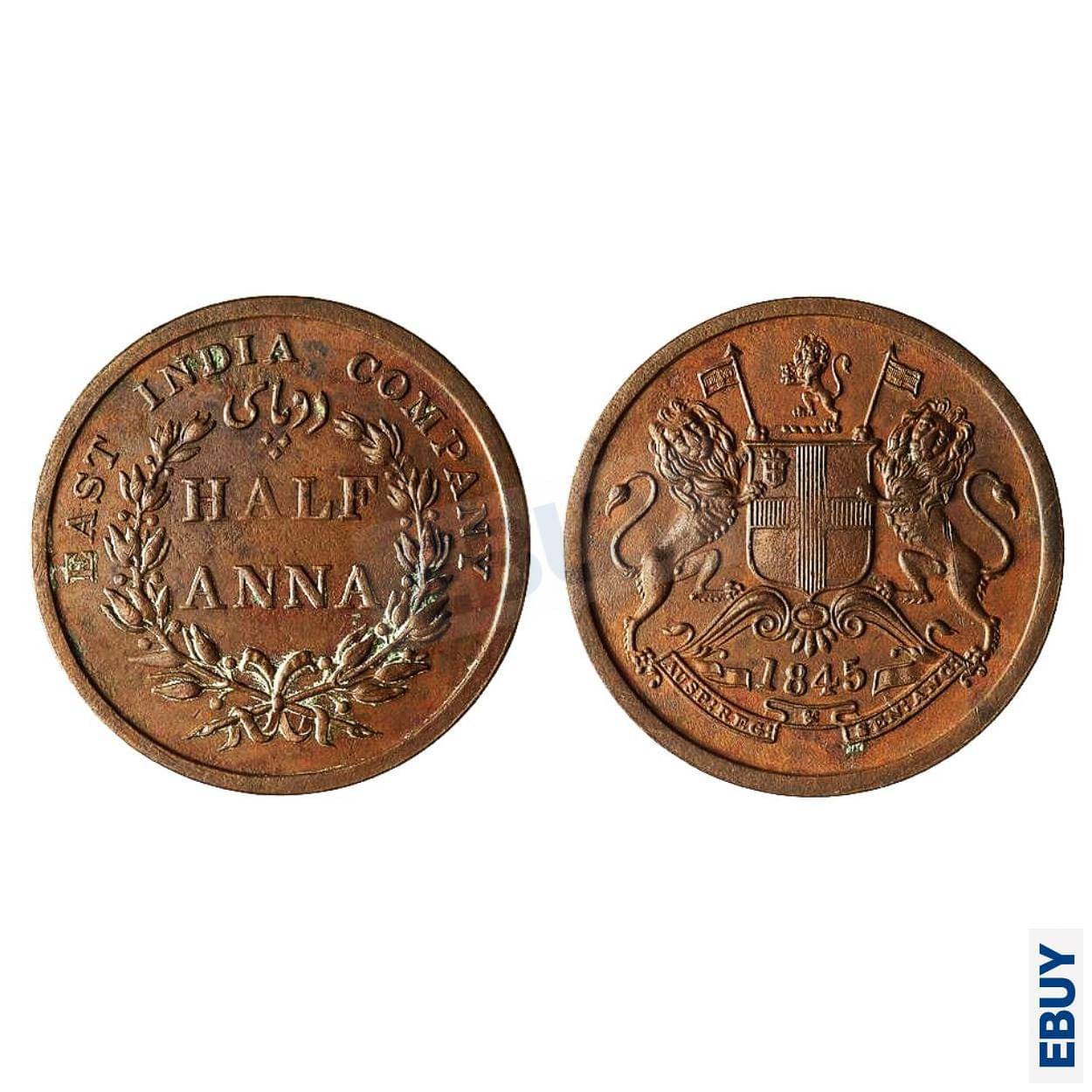     			Rare Half Anna 1845, British India old Copper fancy Coin