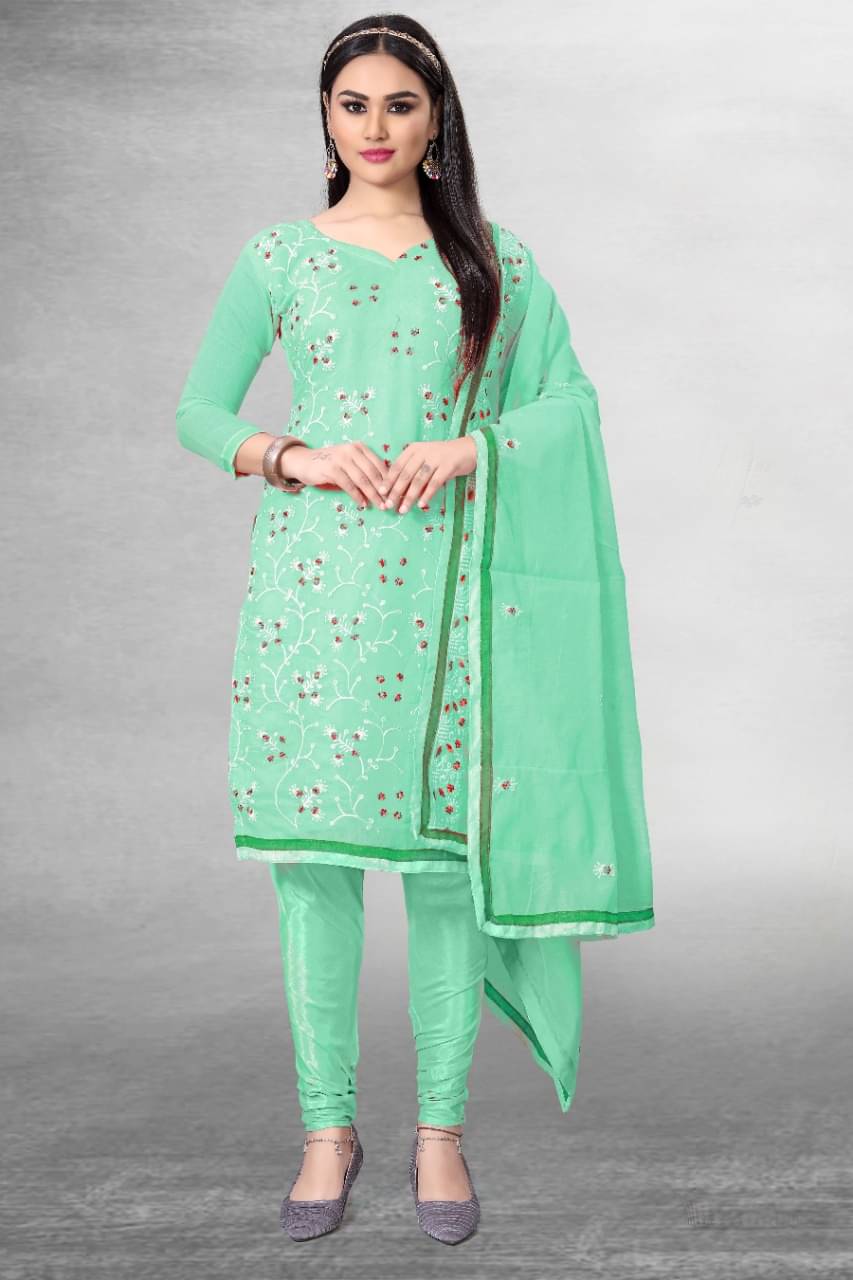 Shree Mahantam Women Chanderi Unstitched Dress Material ( Sea Green )     			Shree Mahantam Women Chanderi Unstitched Dress Material ( Sea Green )