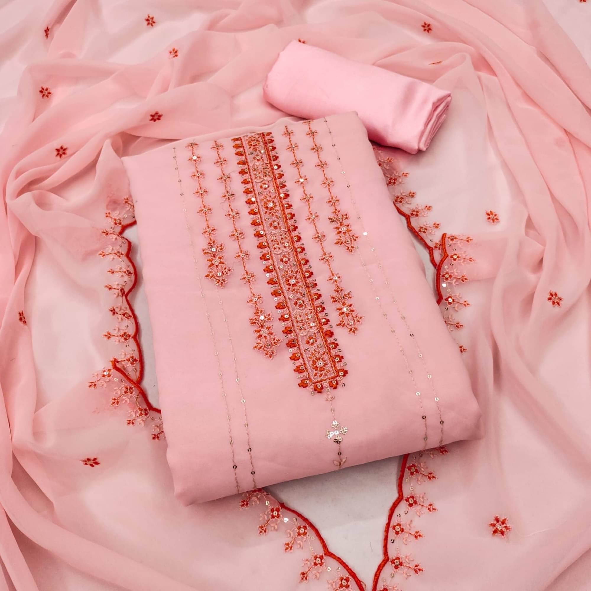 Shree Mahantam Women Georgette Unstitched Dress Material ( Peach ) Shree Mahantam Women Georgette Unstitched Dress Material ( Peach )