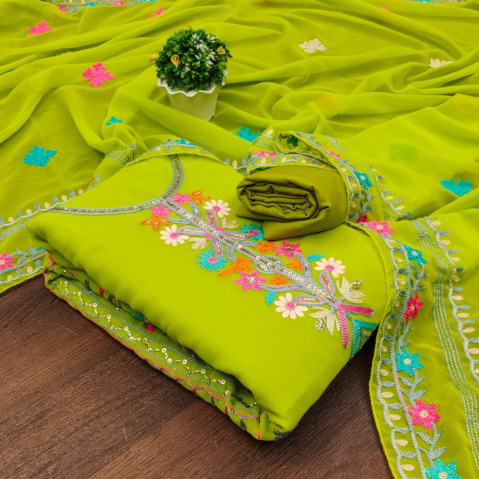     			Shree Mahantam Women Georgette Unstitched Dress Material ( Lime Green )