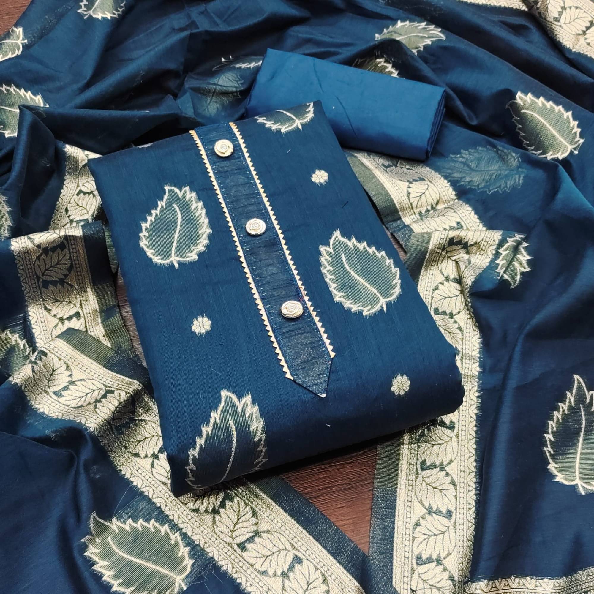 Shree Mahantam Women Jacquard Unstitched Dress Material ( Blue )     			Shree Mahantam Women Jacquard Unstitched Dress Material ( Blue )